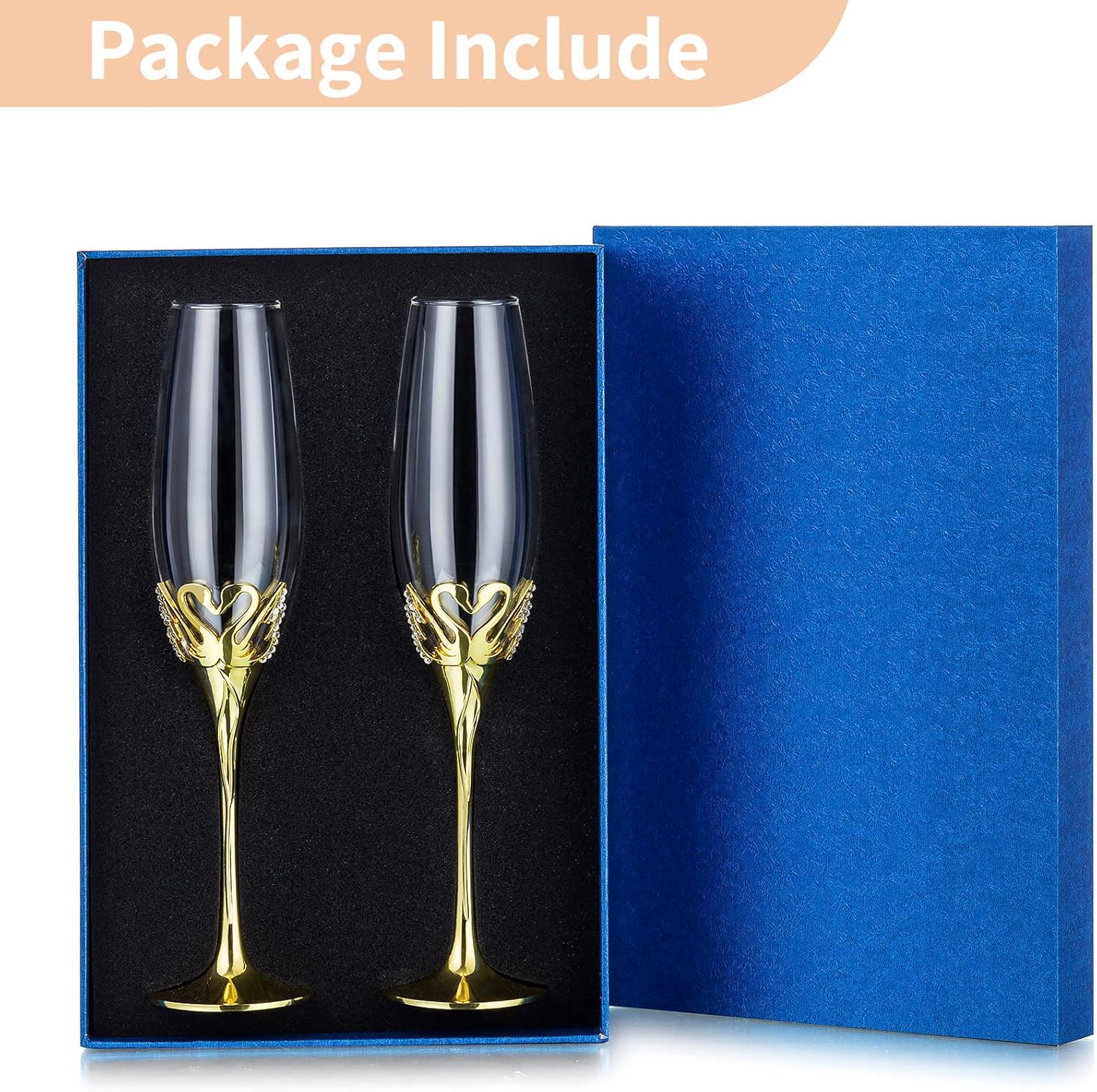 NUPTIO Copas de champán doradas Juego de 2 copas de cristal para brindis de champán de boda dorado con caja de regalo para novia, novio, parejas,