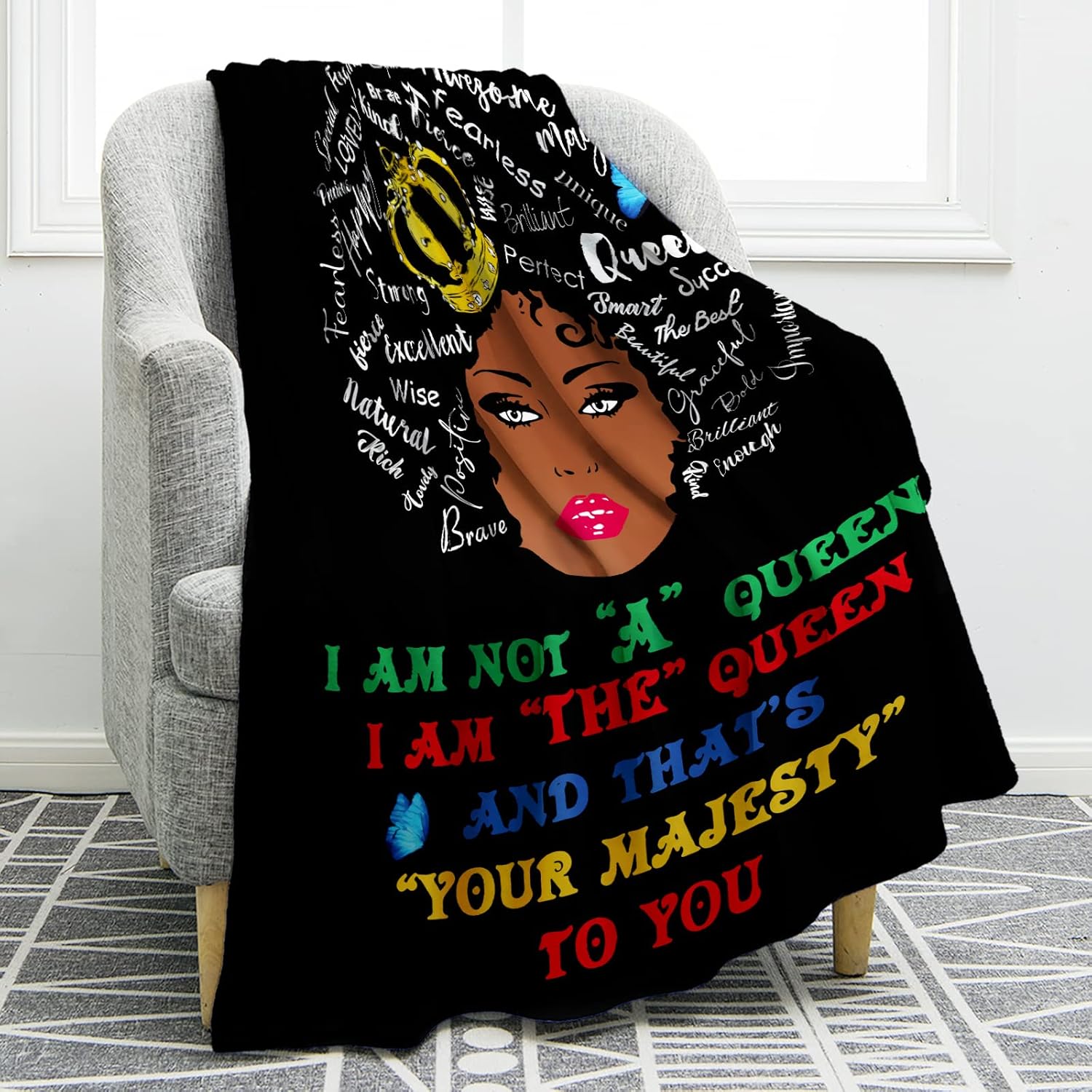 Jekeno Manta con estampado de niña negra afroamericana con texto en inglés “I AM The Queen”, regalos para mujeres, niños, niñas, amigas, decoración