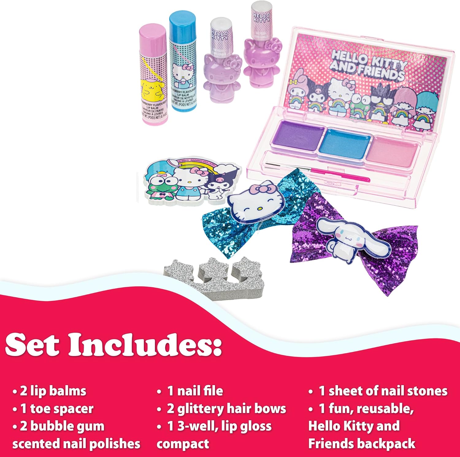 Hello Kitty and Friends – Juego de mochila rellena de maquillaje Townley Girl con 12 piezas, incluye brillo de labios, esmalte de uñas, piedras de