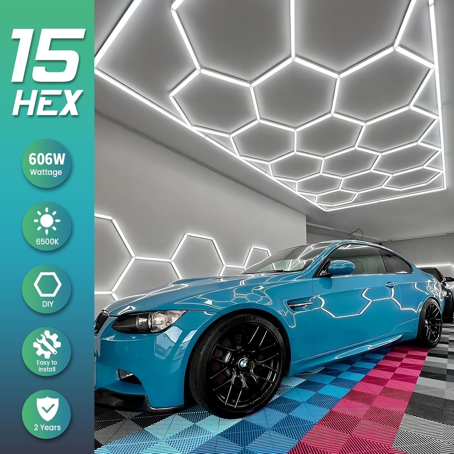 Luz LED hexagonal para garaje, 6500 K, luz hexagonal de 15 luces hexagonales con borde rectangular para garaje, taller, almacén, 60600 lúmenes,