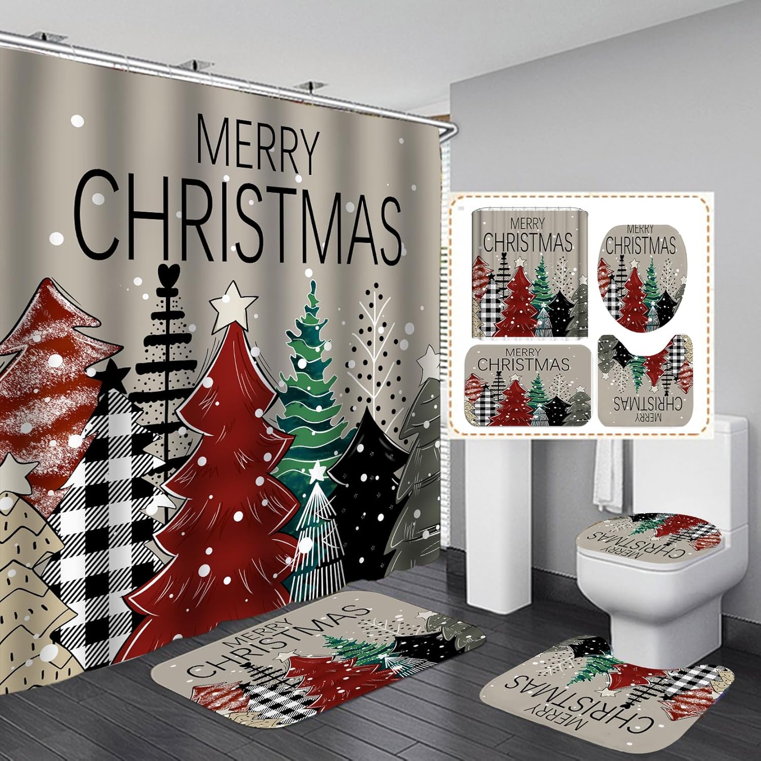 Juego de cortinas de ducha de Navidad con alfombras, cortinas de ducha impermeables de tela navideña para baño con cortina de ducha, juegos de