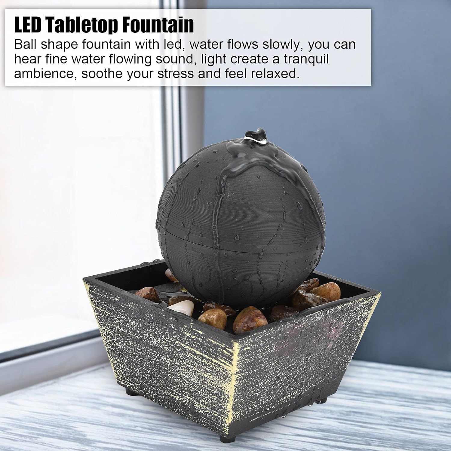 Fuente de agua esférica que fluye decoración USB fuente de bola de mesa interior con luz LED y piedra fuente de escritorio mediación fuentes de