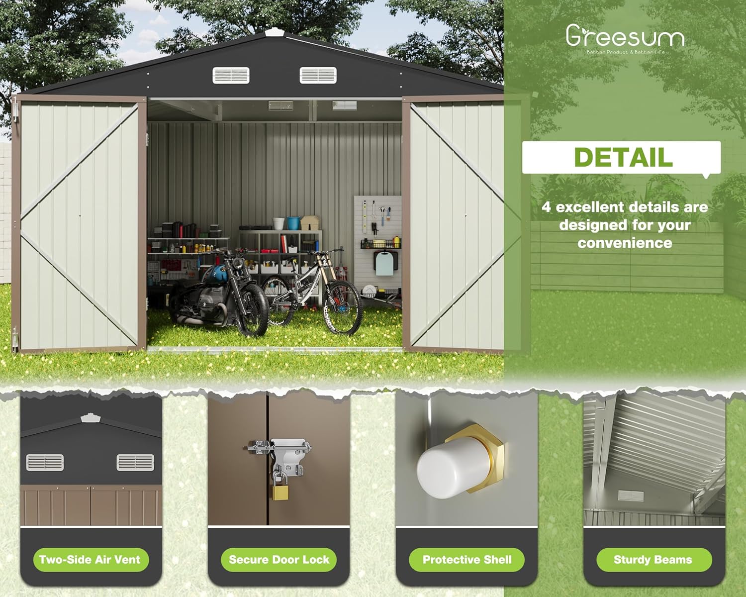 Greesum Cobertizo de almacenamiento para exteriores, 10 x 10 pies, cobertizo de herramientas de acero con puerta y cerradura, cobertizos de metal