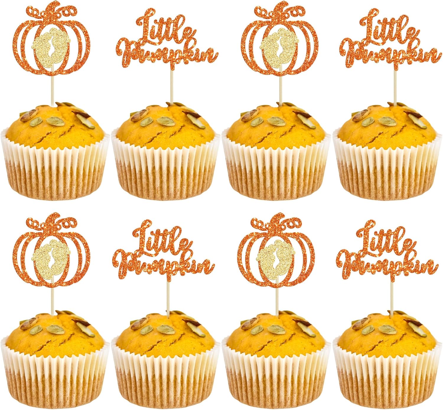 24 adornos para cupcakes de calabaza con purpurina naranja para baby shower, decoraciones de pastel de calabaza para Acción de Gracias, Halloween,