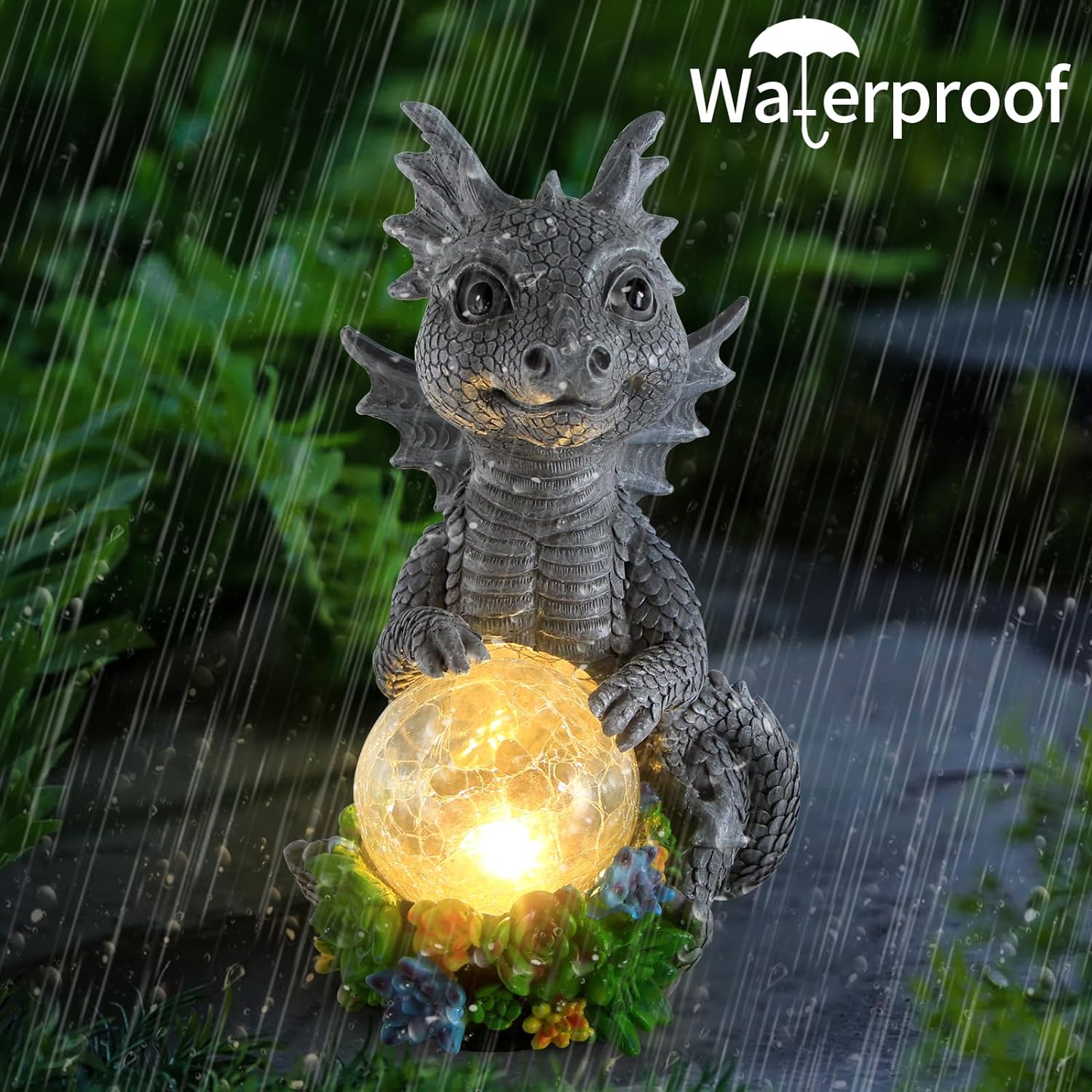 Estatuas solares de jardín al aire libre, dragón sosteniendo orbe mágico con luces LED solares, decoración de césped al aire libre para patio,