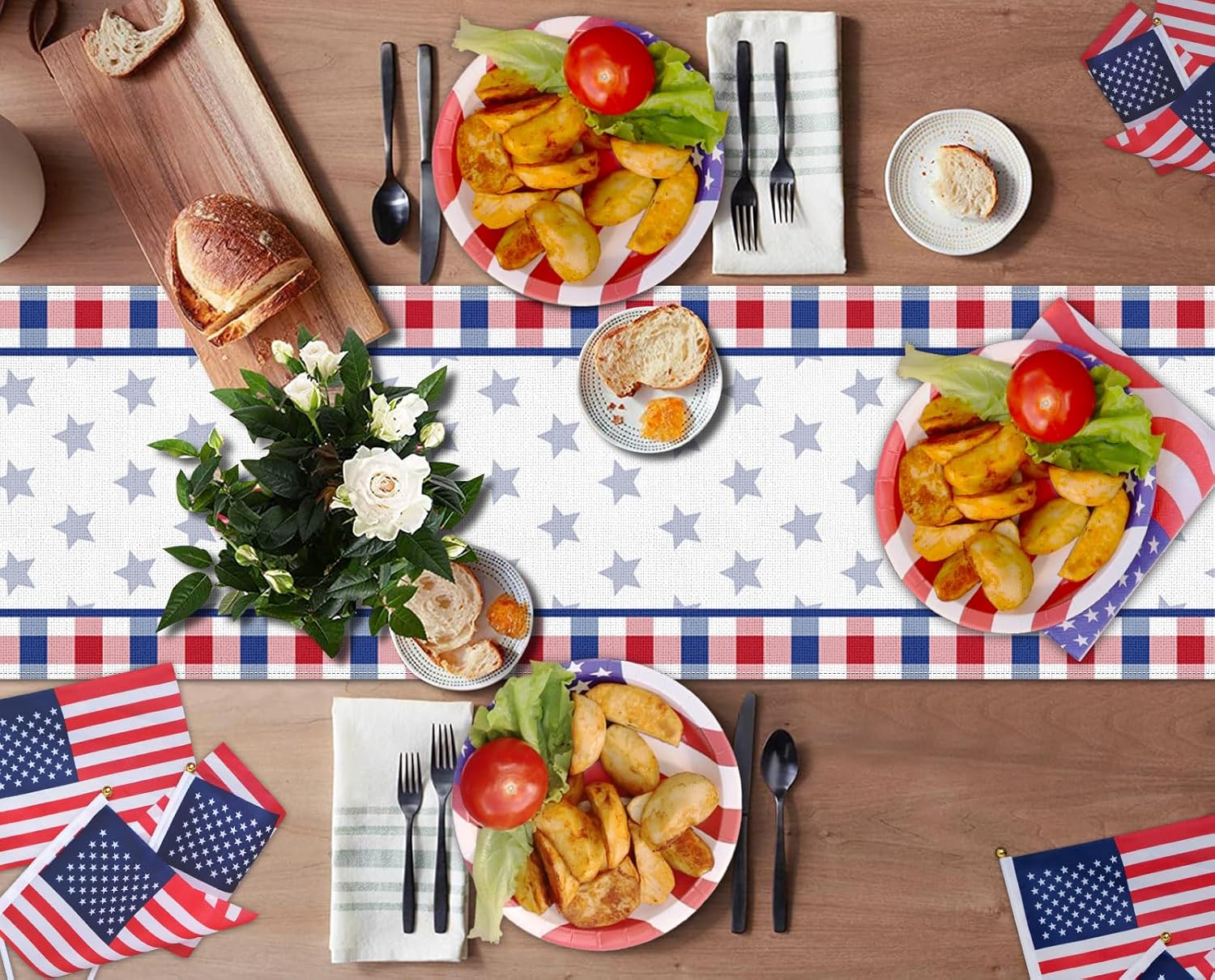 Camino de mesa del 4 de julio, Día de la Independencia, linda vaca, floral, rojo y azul, decoración para mesa de cocina, cenas familiares, fiestas