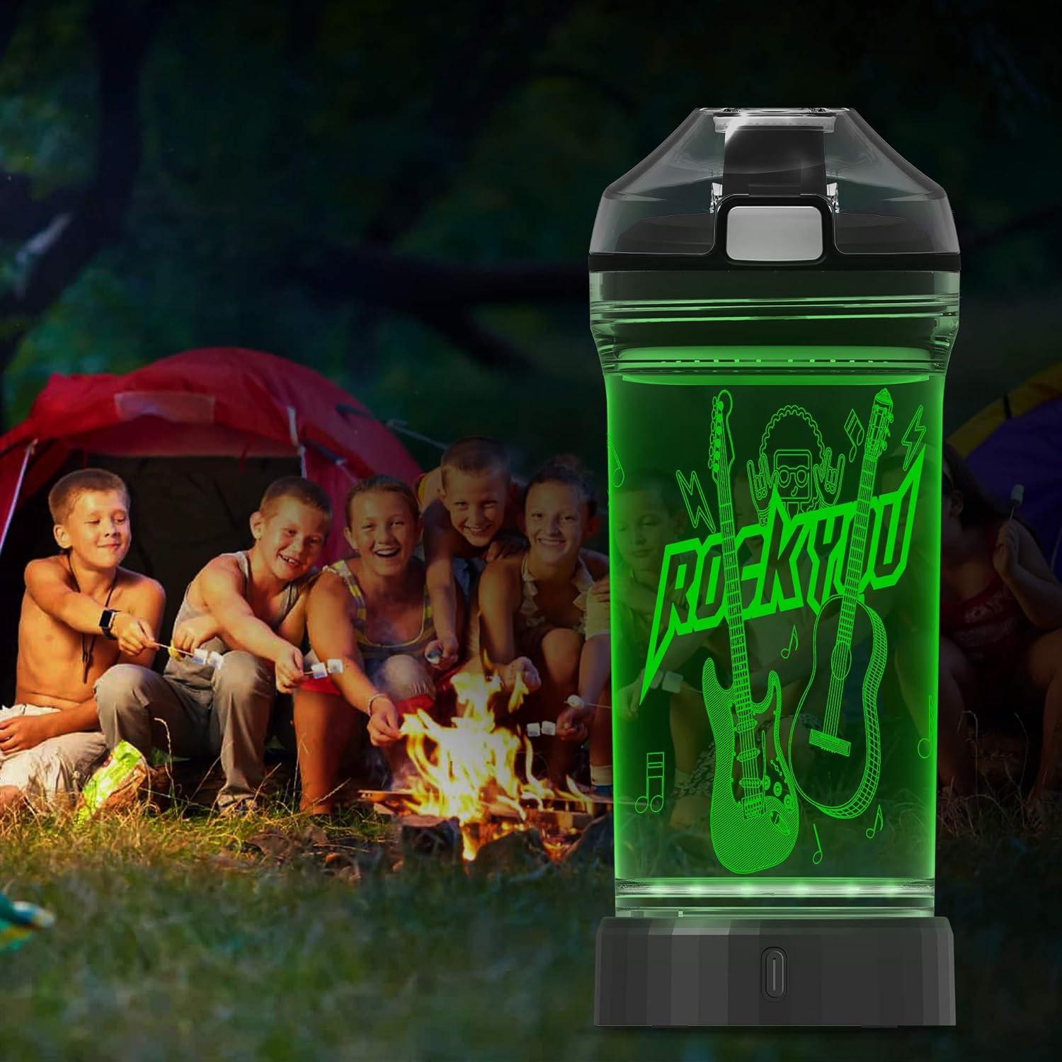 Botella de agua para niños con luz LED de guitarra brillante 3D, Tritan sin BPA, taza de viaje creativa ideal para regalo de música para el regreso