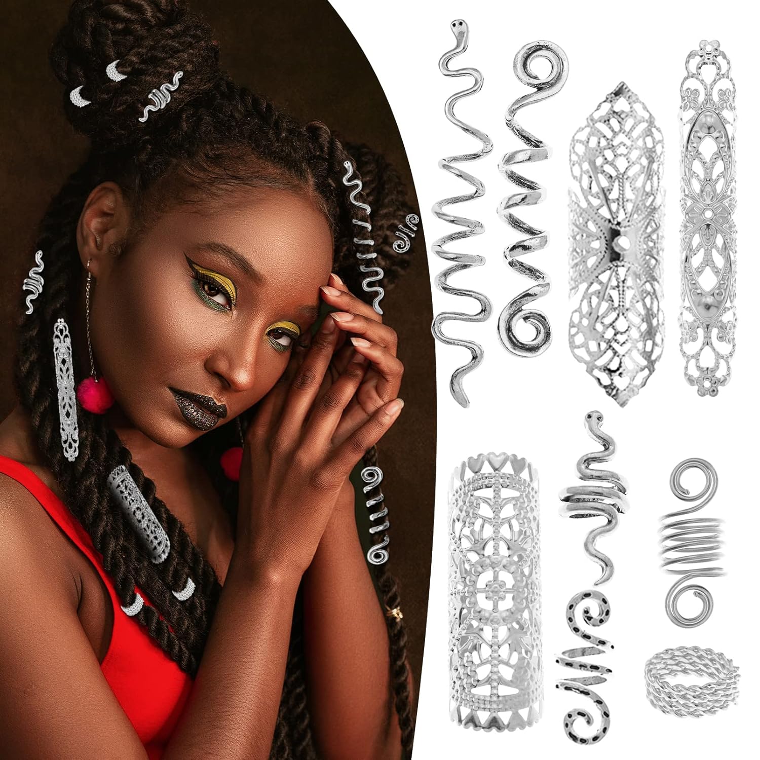 58 piezas de trenzas para el cabello, rastas de terror, joyería larga, serpiente, remolino, filigrana, accesorios para rastas pirata, barba, tubo,