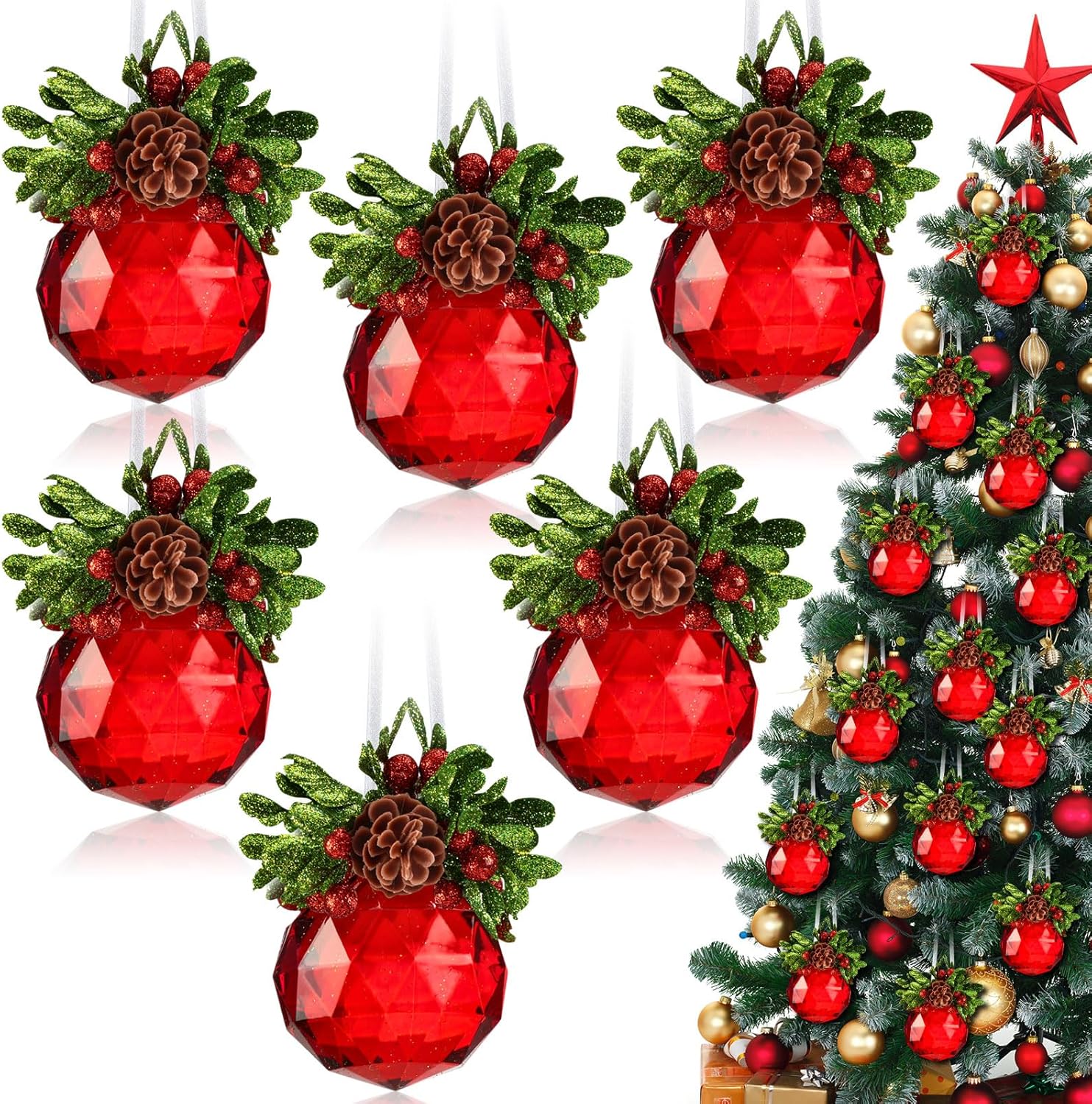 Yuxung 6 piezas de adornos de Navidad de cristal de muérdago de 3 pulgadas, joya roja, boda, Navidad, bola de besos de acrílico, adorno colgante de