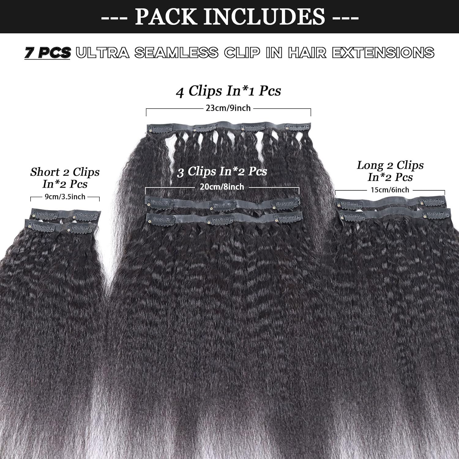 HAPPY&CC Extensiones de cabello humano lacio sin costuras, color negro natural, ultra fino, doble trama, PU invisible, clip, 7 unidades, 20 pulgadas