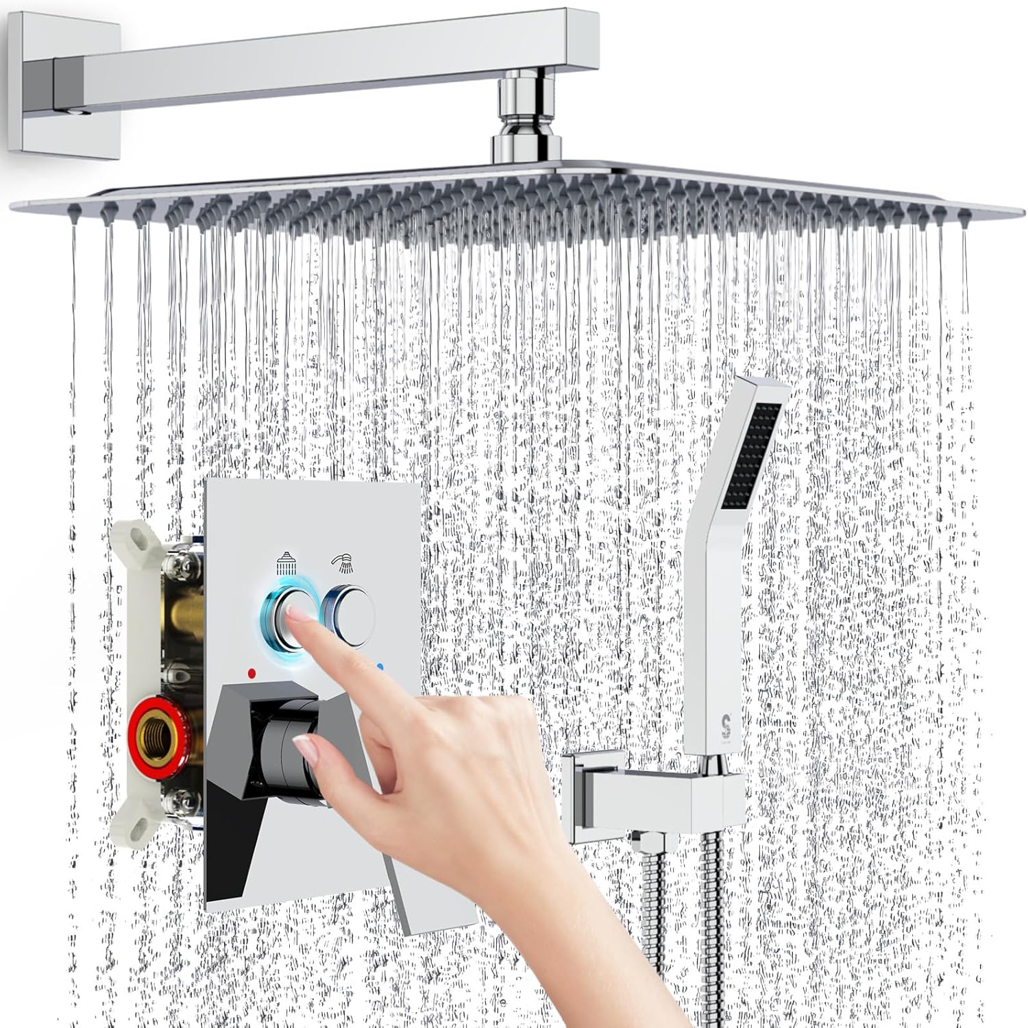SR SUN RISE Sistema de ducha con desviador de botón pulsador, cabezal de ducha de lluvia de lujo de 12 pulgadas con rociador de mano, juego