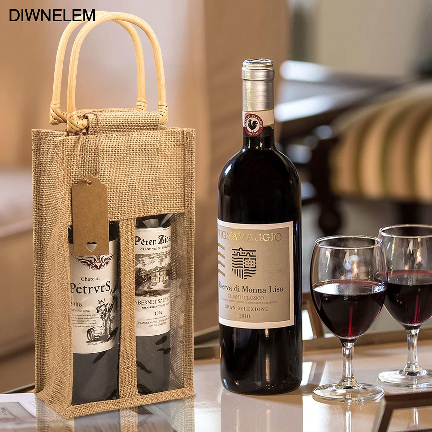 DIWNELEM Paquete de 2 bolsas de regalo de vino de arpillera con ventana, bolsas de vino de yute con calcomanías, bolsas de arpillera para botellas