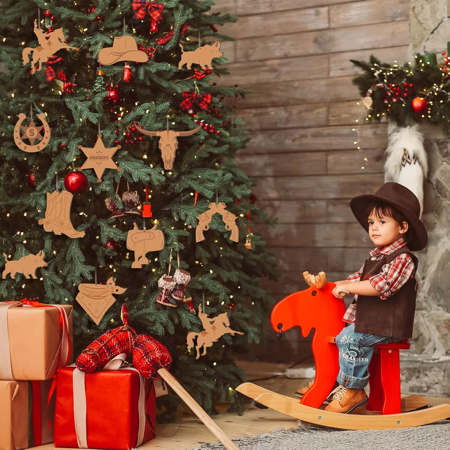 40 piezas de decoraciones colgantes de vaquero occidental para fiesta, adornos de vaquero occidental, adornos de madera de vaquero salvaje, silla de