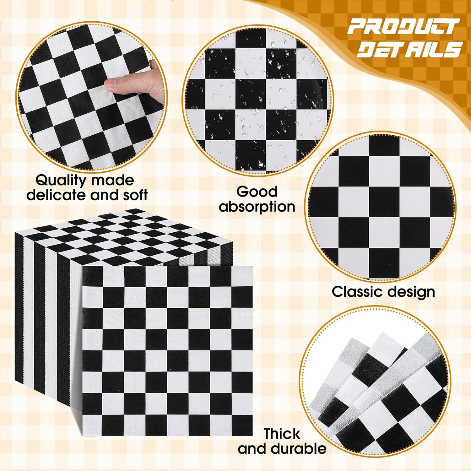 Colarr 100 servilletas de bandera a cuadros desechables para fiestas de autos de carreras, color blanco y negro, tejido decorativo para alimentos,