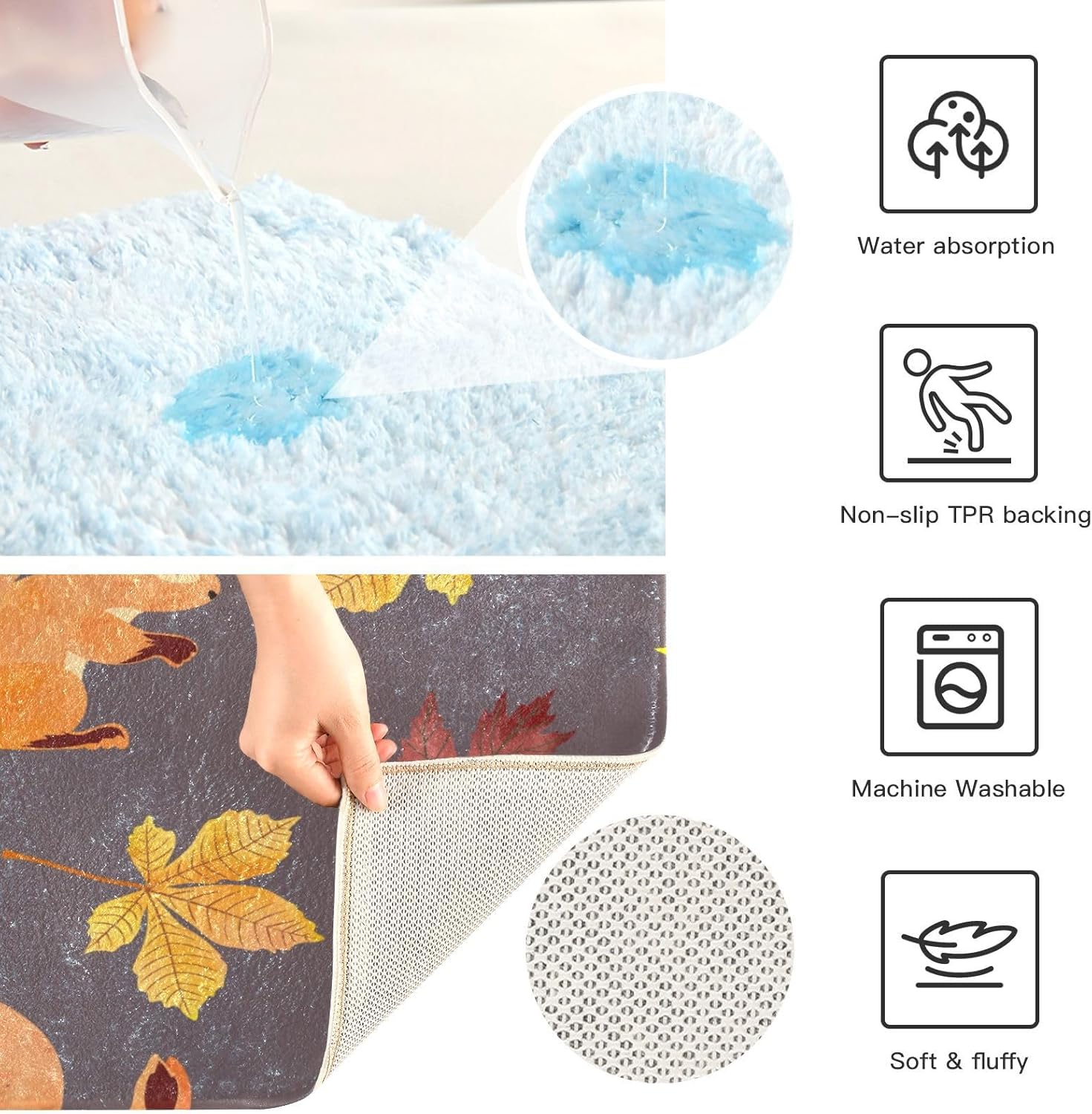 Bathroom Rugs Sets 2 Piece 24×16+24×20 Inch,Soft U-Shaped Contour Toilet Rug Autumn Squirrel Cute Non-Slip Absorbent Bath Floor Mat Carpet Set Water