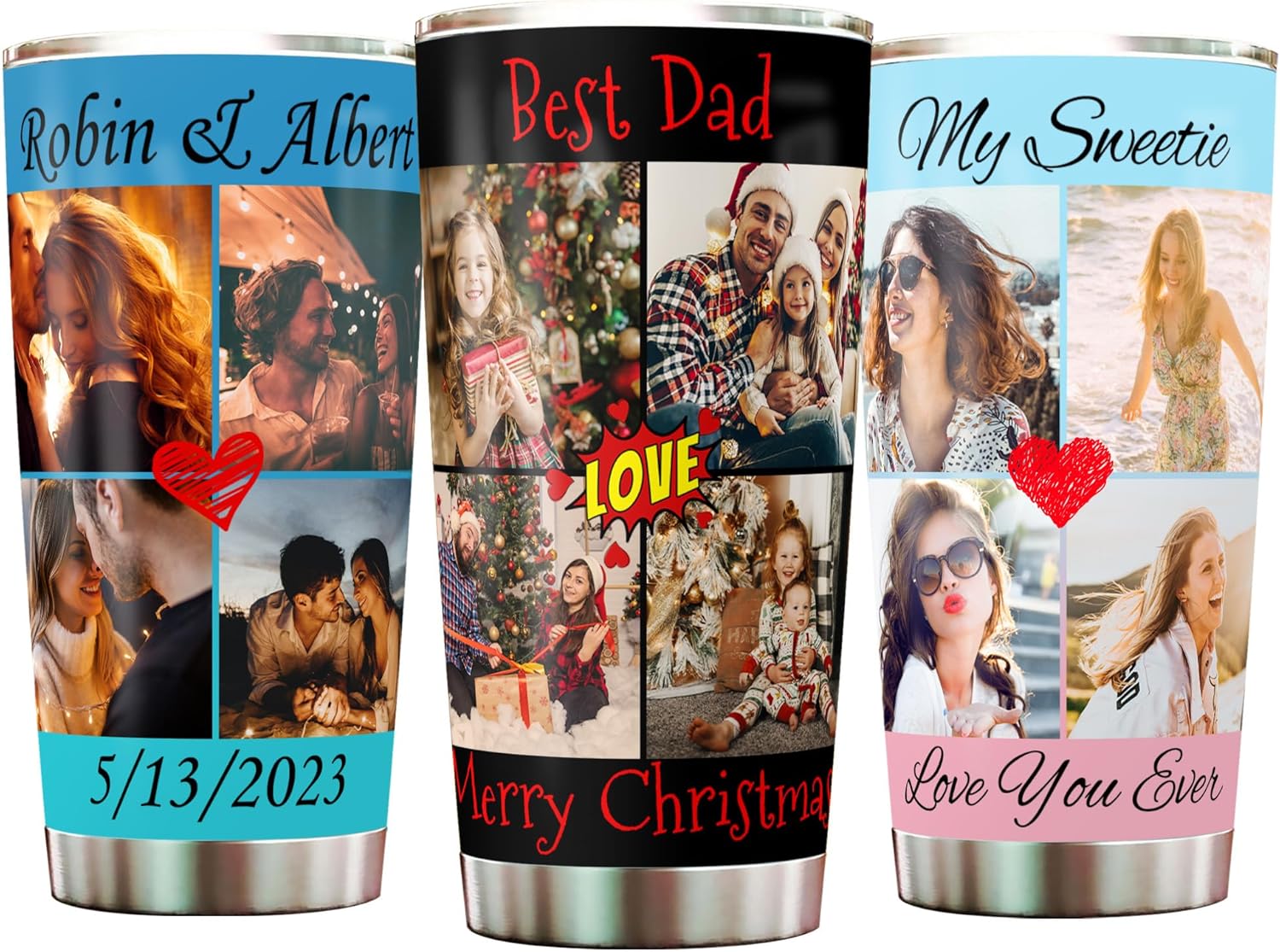 Tazas de café personalizadas con texto fotográfico de 20 oz30 onzas, impresión 3D, 4 imágenes, vasos de acero inoxidable de doble pared con