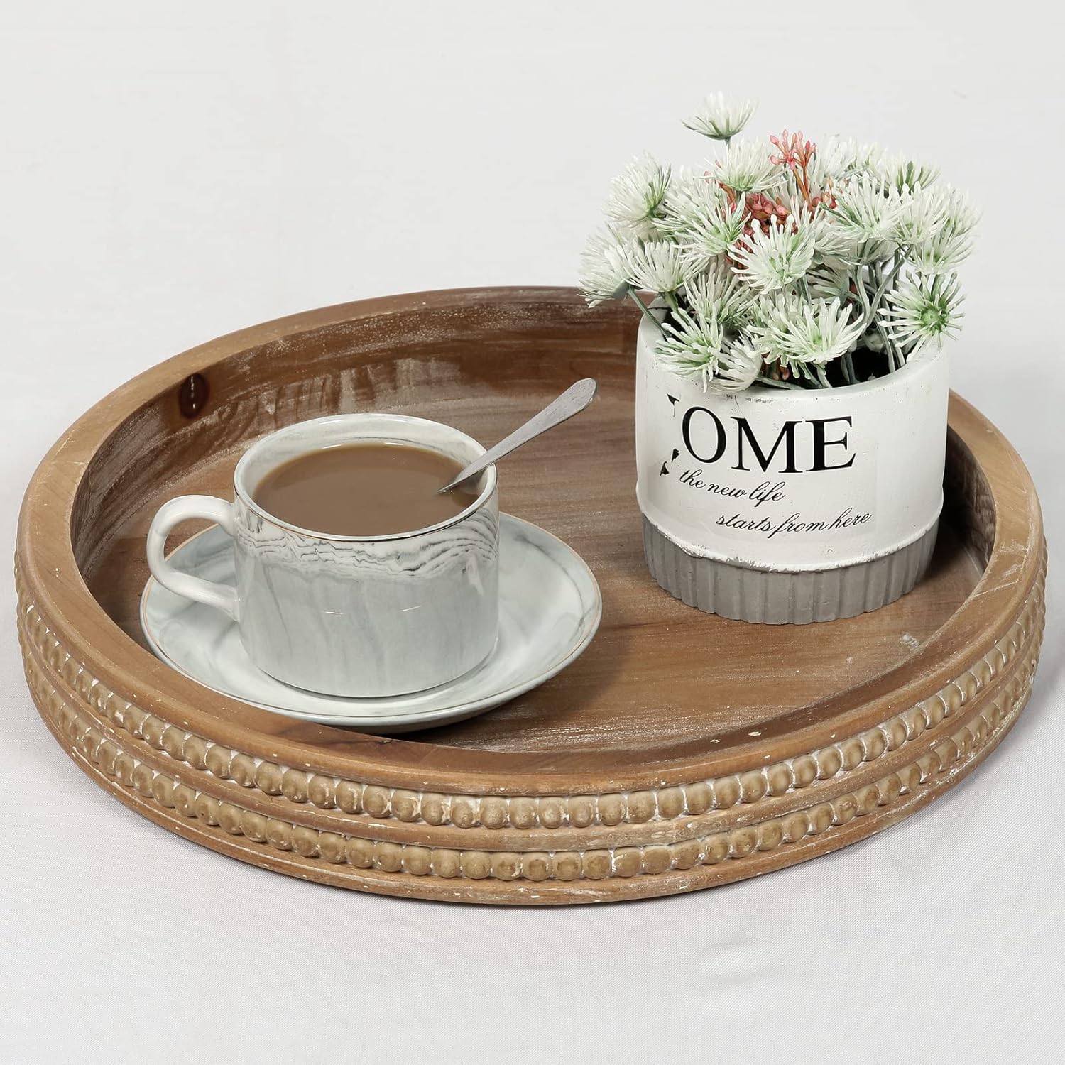 Carah & Cossh Bandeja redonda de madera de 12 pulgadas, bandeja decorativa redonda de madera encalada, bandeja decorativa rústica redonda, perfecta