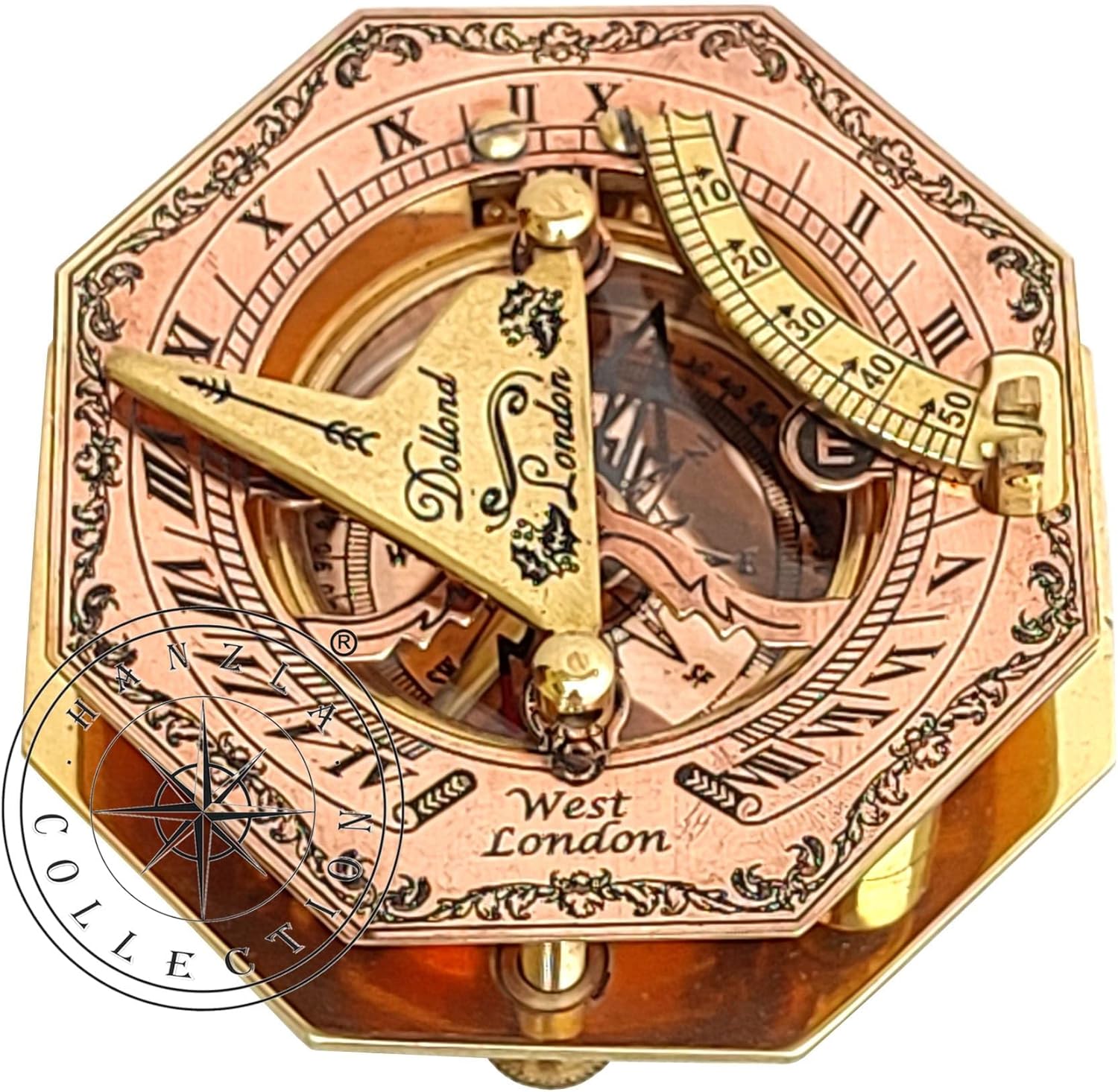 Brújula de reloj de sol de latón pulido y cobre, reloj de sol antiguo, reloj de sol en caja de cuero, regalo de réplica de barco