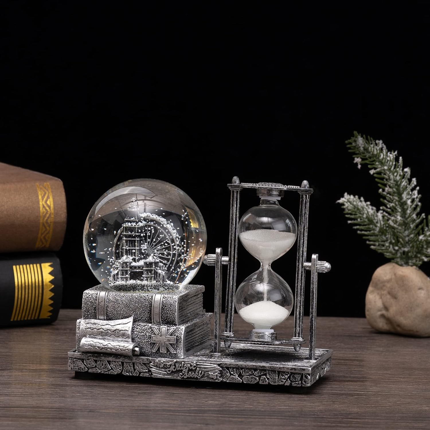 Globo de nieve con música de cristal antiguo con reloj de arena, reloj de arena, reloj de arena, globo de música LED, coleccionables, decoración del
