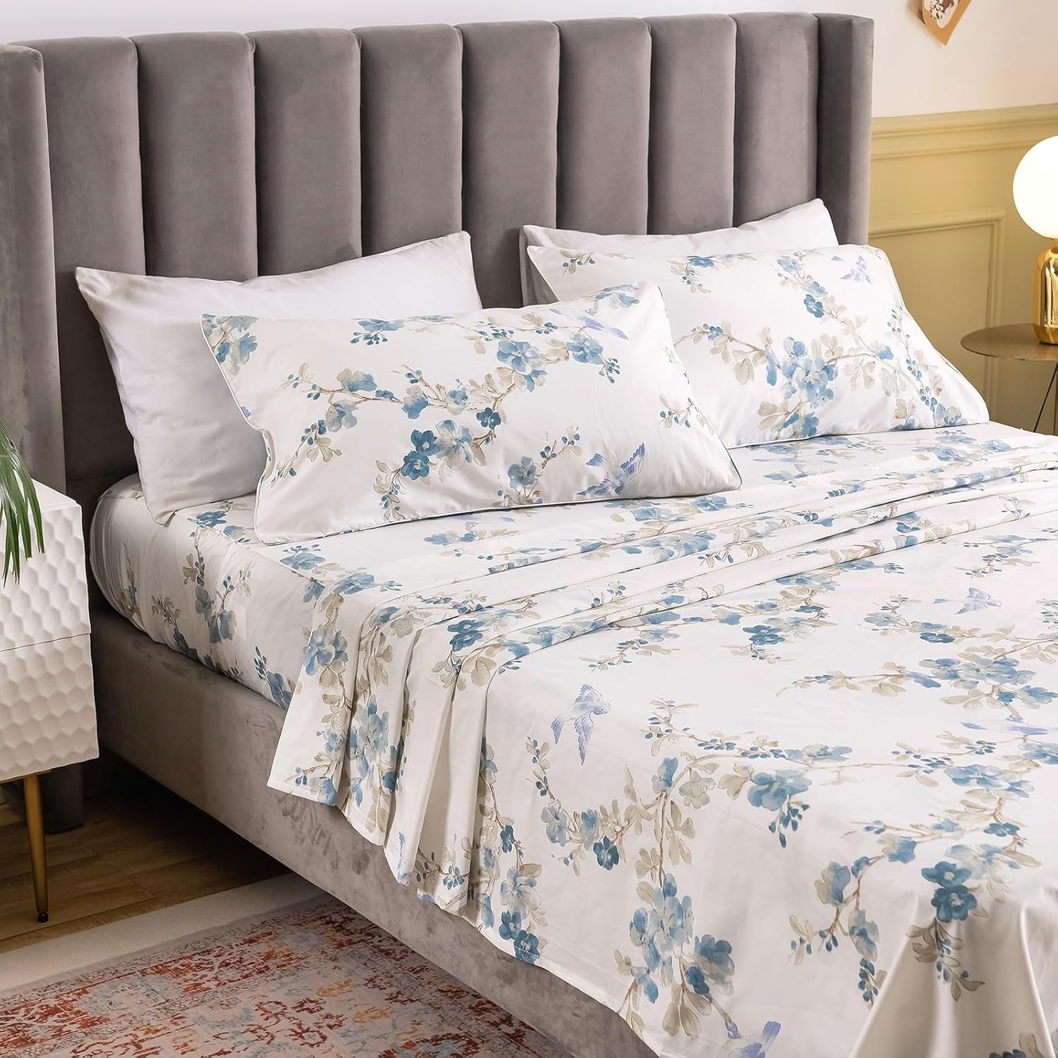 QSH Juego de 2 fundas de almohada 100 % de algodón egipcio con estampado de flores de pájaros azules para cama Queen, fundas de almohada con cierre