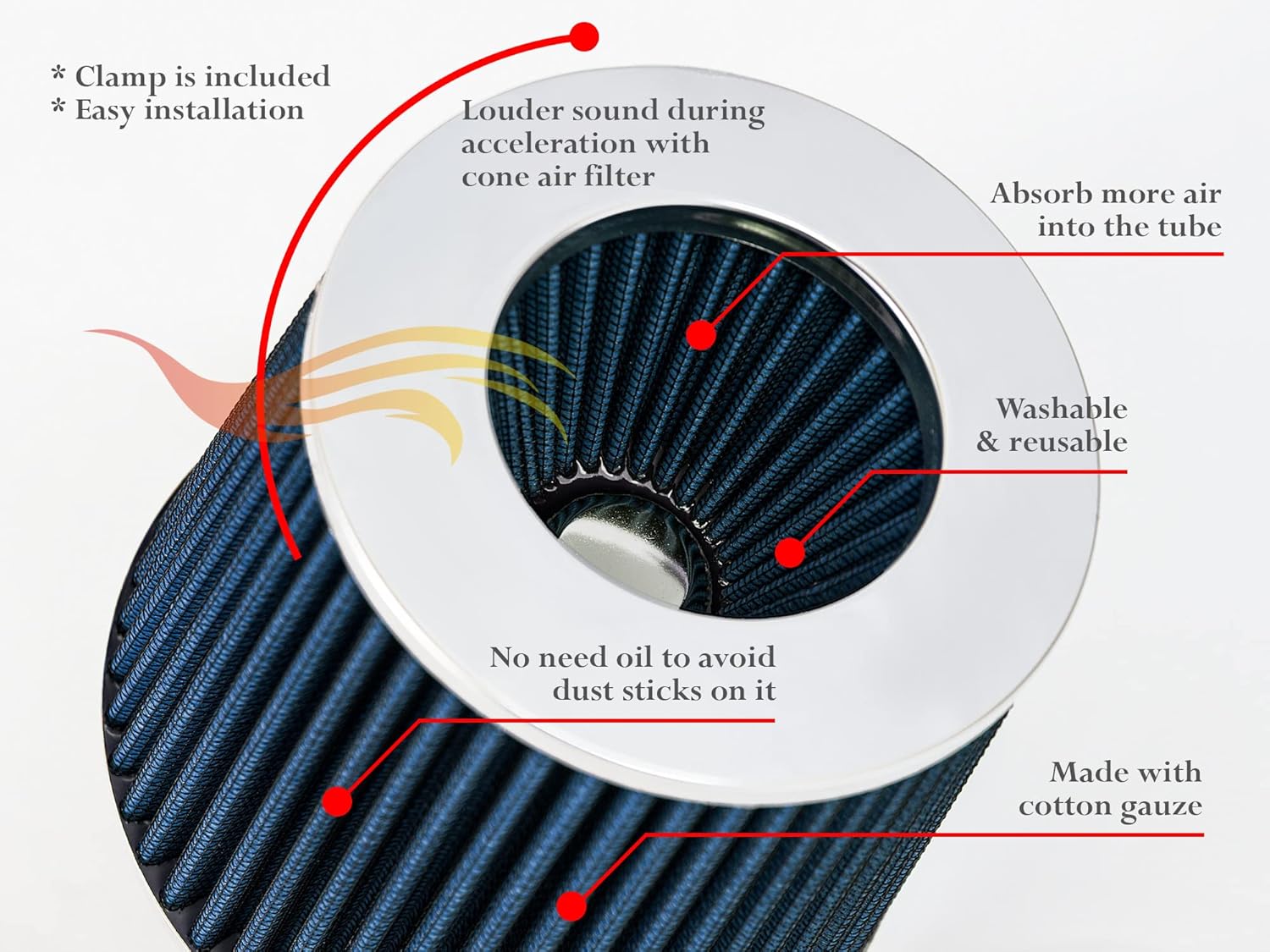 BLUE – Filtro de aire seco de repuesto para camión de entrada de aire frío de 3.5 pulgadas (3.504 in) de rendimiento, lavable, con abrazadera (8