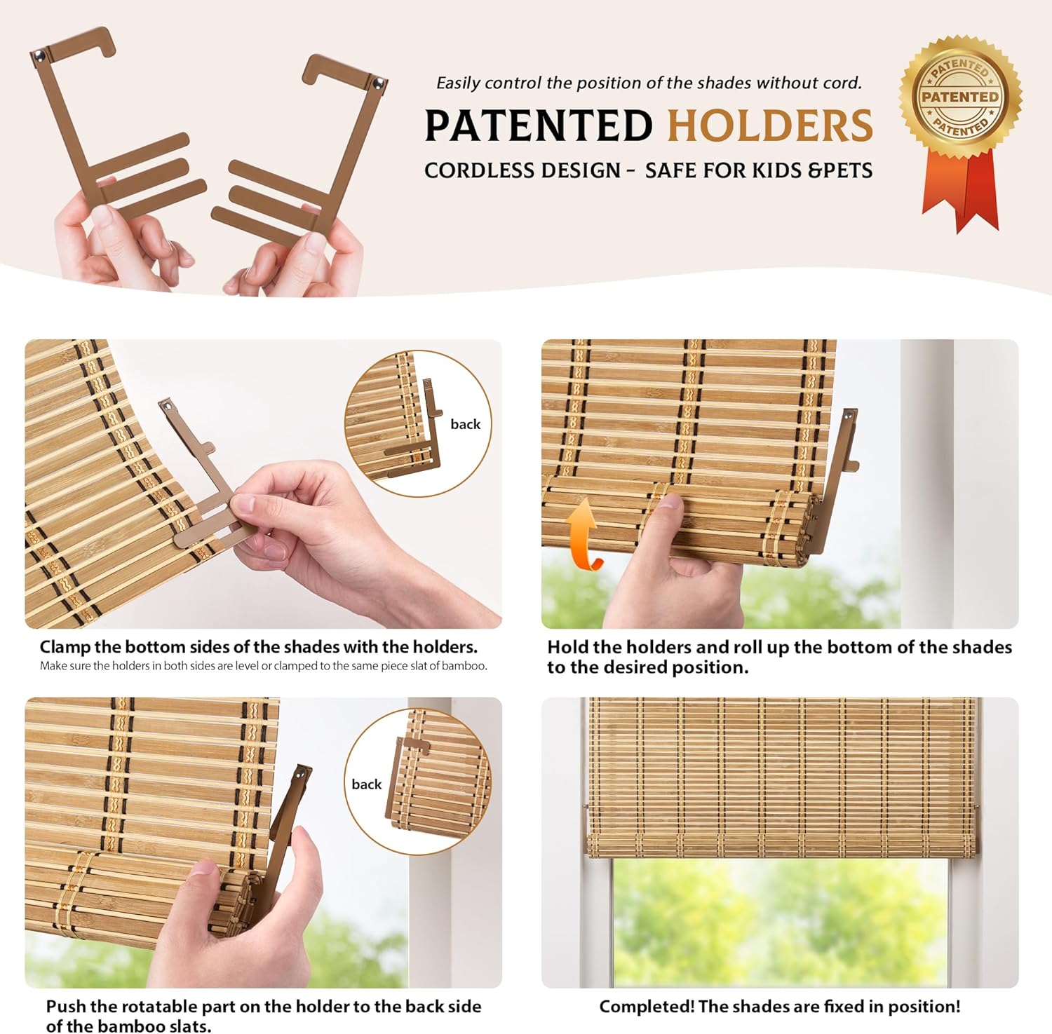 LazBlinds Persianas de bambú sin cordón, persianas enrollables de bambú para ventanas, cortinas colgantes con filtro de luz, persianas de bambú para