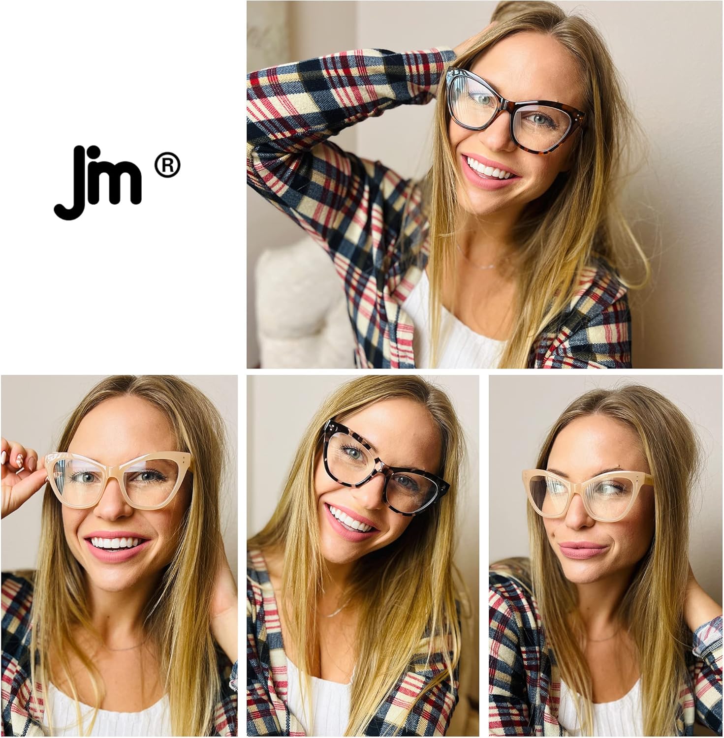 JM Paquete de 4 lentes de lectura Cateye con bloqueo de luz azul, lector de computadora para mujeres y hombres, bisagra de resorte