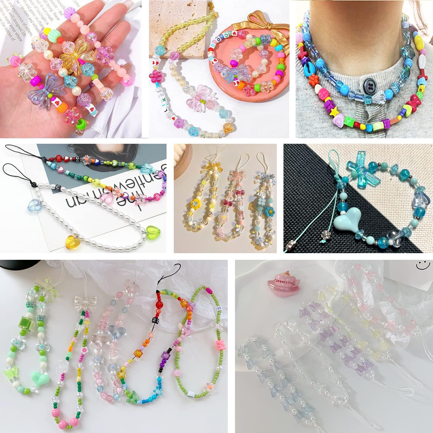 Cuentas estéticas de acrílico surtidas de 5.29 oz (170  230 unidades) para hacer joyas, cuentas redondas kawaii, corazón, estrella, mariposa, lazo,