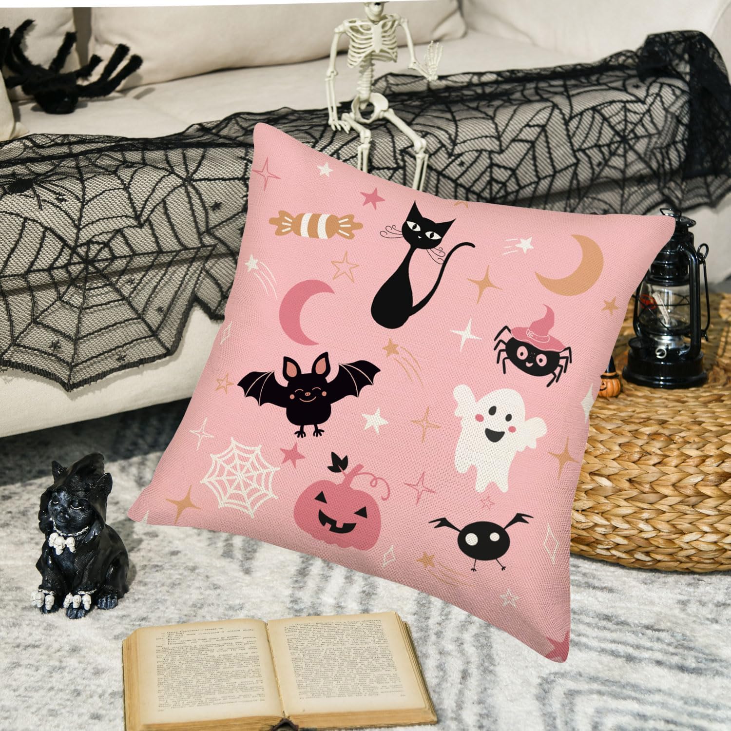 Fukeen Fundas de almohada decorativas de Halloween de 18 x 18 pulgadas de color rosa con diseño de gato, murciélago, araña, calabaza, fantasma,