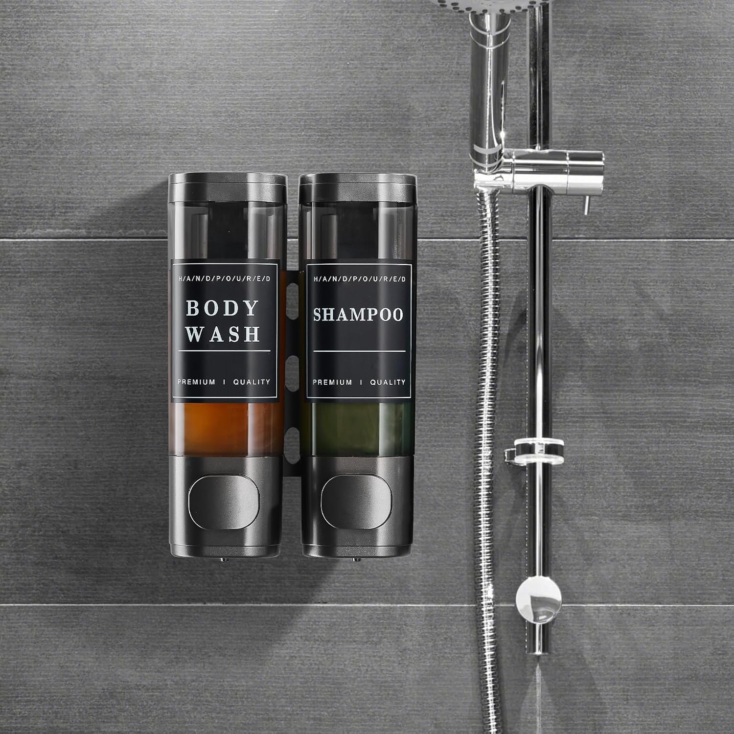 Dispensador de jabón de ducha, dispensador de champú y acondicionador, 2 cámaras, sin taladro, dispensador de champú montado en la pared para ducha,