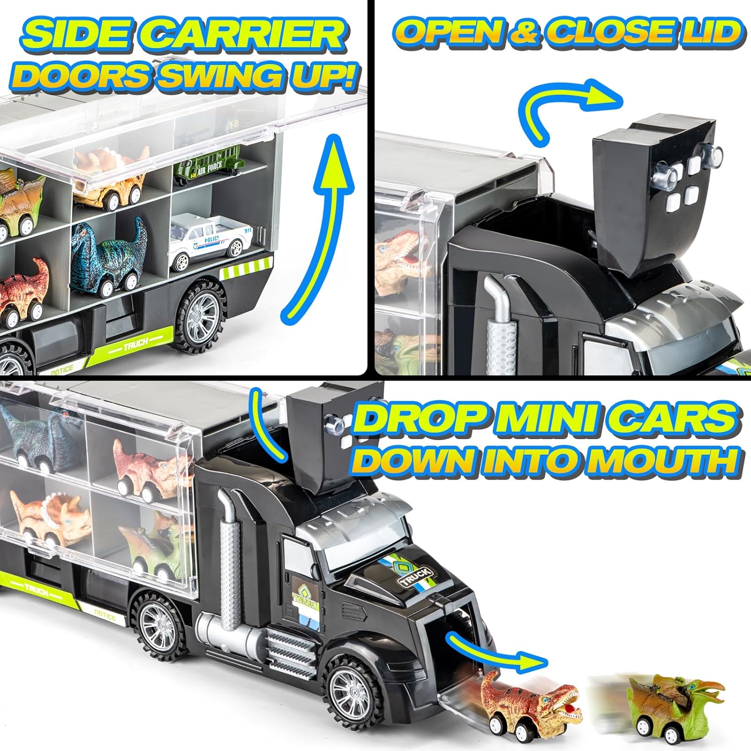 BOKABOKA Camión de dinosaurio 19 en 1 para niños, 12 mini dinosaurios, 4 autos de tracción de dinosaurio, 2 vehículos transportadores de transporte