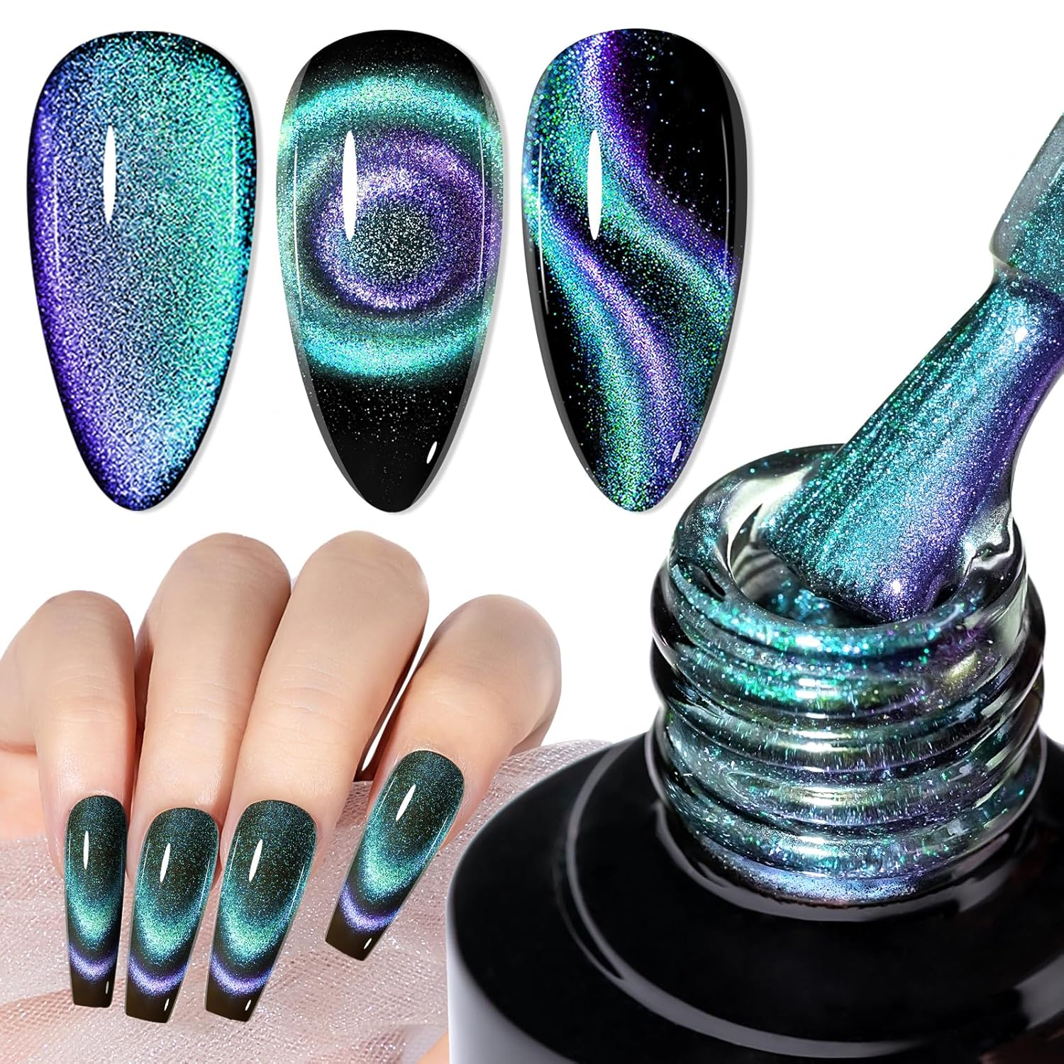MIZHSE Chameleon – Esmalte de gel 9D de ojo de gato, 0.3 onzas líquidas, gel magnético holográfico de ojo de gato, galaxia holográfica, juego de