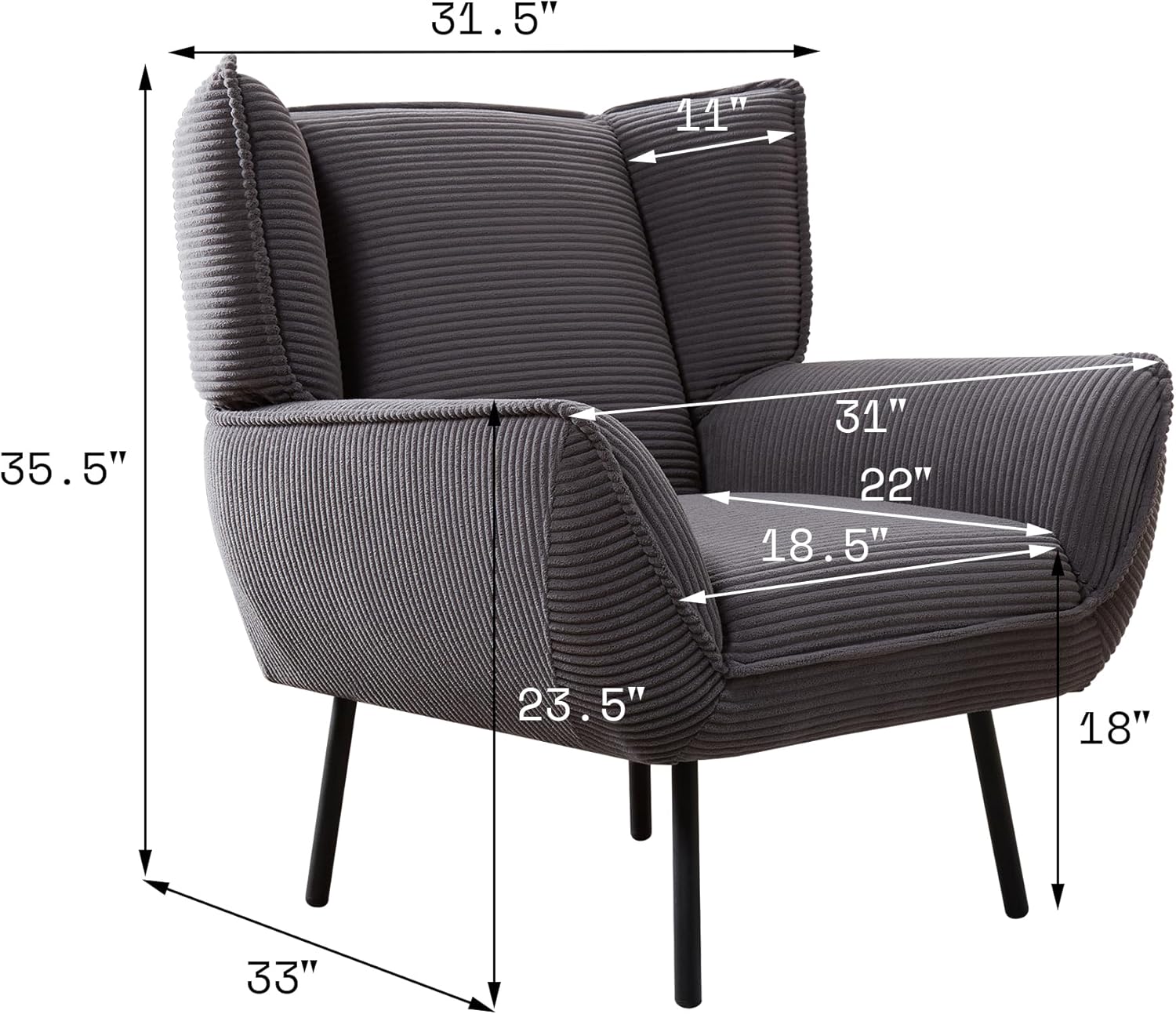 AMERLIFE Silla decorativa, silla tapizada para sala de estar con respaldo alto, sillón de lectura gris para dormitorio, cómoda silla de pana