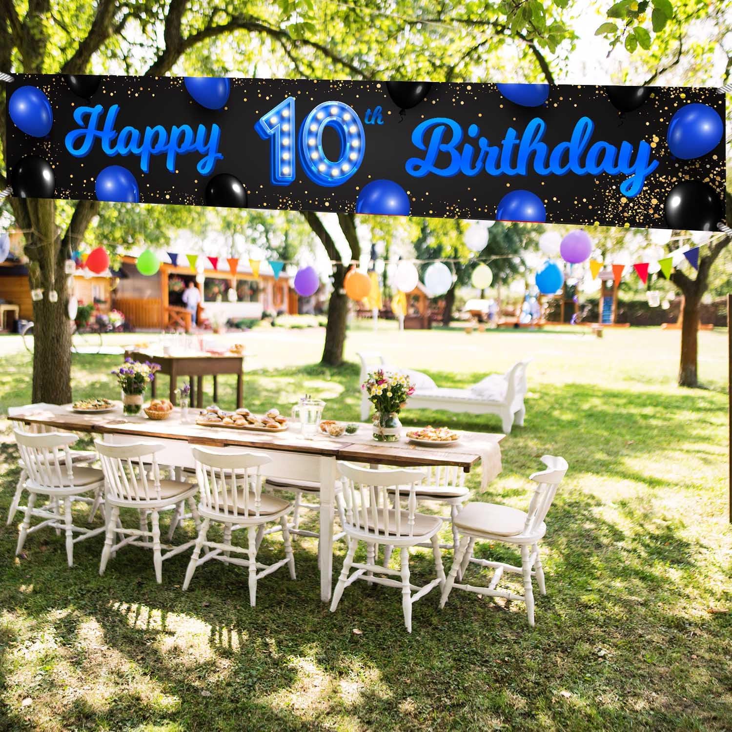 Cartel azul y negro de feliz cumpleaños número 10 años de edad, globos de confeti, decoración temática para niñas de 10 años, suministros de