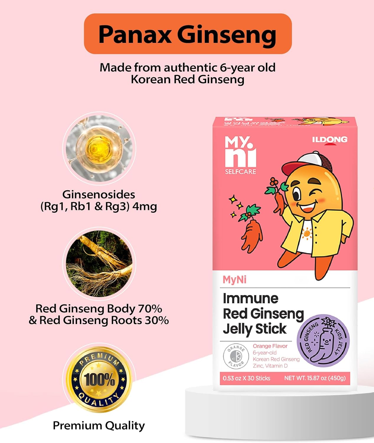 Palito de gelatina coreana Panax Ginseng (sabor naranja, 30 unidades, 15 días)  Suplemento de extracto de ginseng rojo para niños. Impulso de