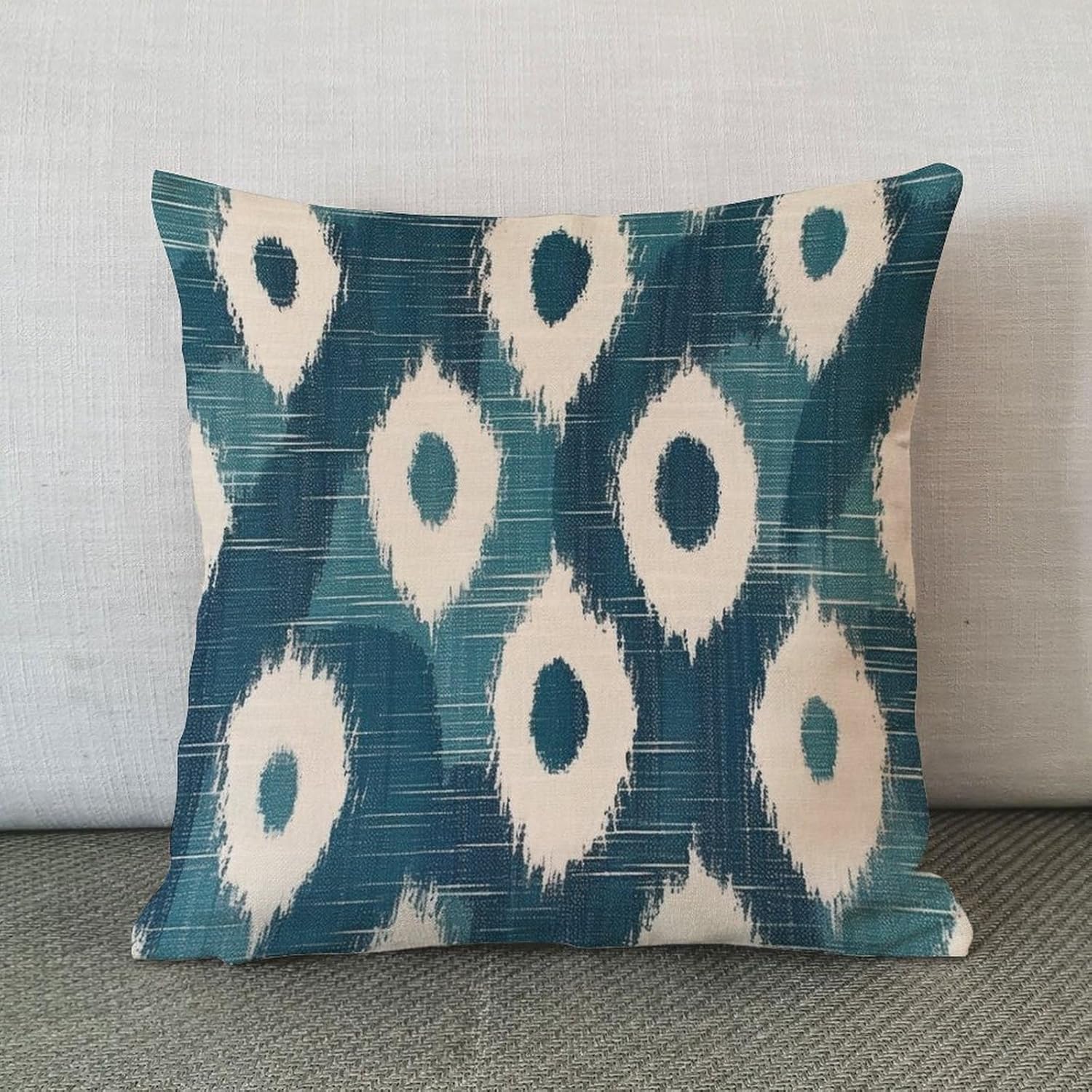 Funda de almohada estilo europeo Ikat azul índigo crema estilo chinoiserie, funda de cojín asiática de 18 x 18 pulgadas, funda de almohada