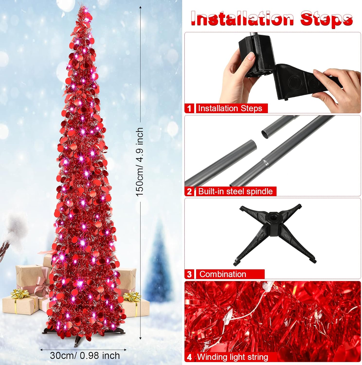 Árbol de Navidad de oropel desplegable de 5 pies con lentejuelas coloridas reflectantes, árbol de Navidad artificial delgado, plegable, árbol de