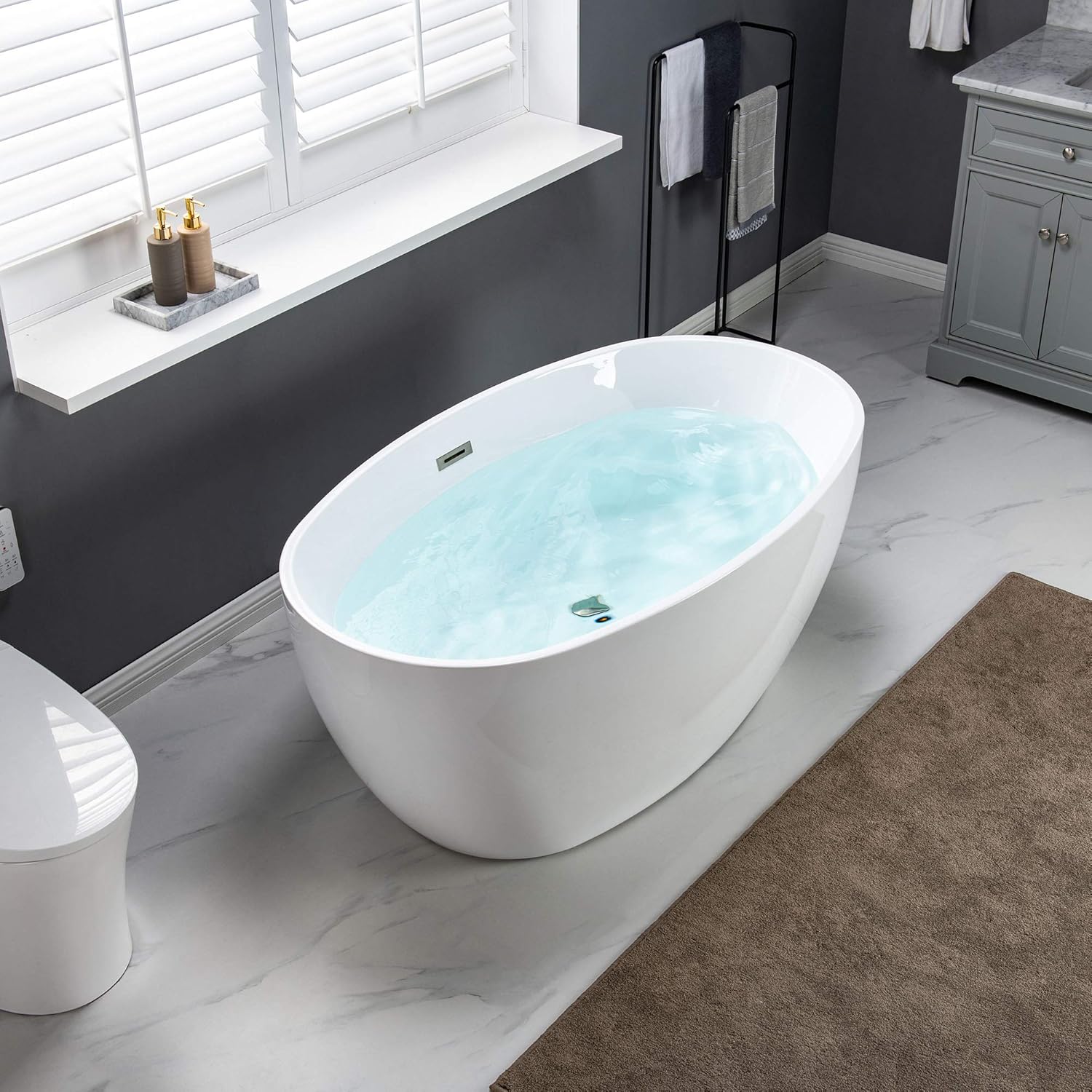 WOODBRIDGE BTA1418 – Bañera de acrílico independiente de 55 pulgadas con desbordamiento y drenaje de níquel cepillado, BTA1418 -BN-Drain &O