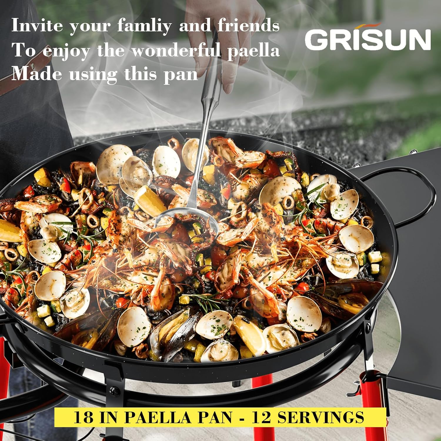 GRISUN Juego de paella con quemador de paella, paella de acero esmaltado de 18 pulgadas con estante lateral, 4 patas reforzadas con estante
