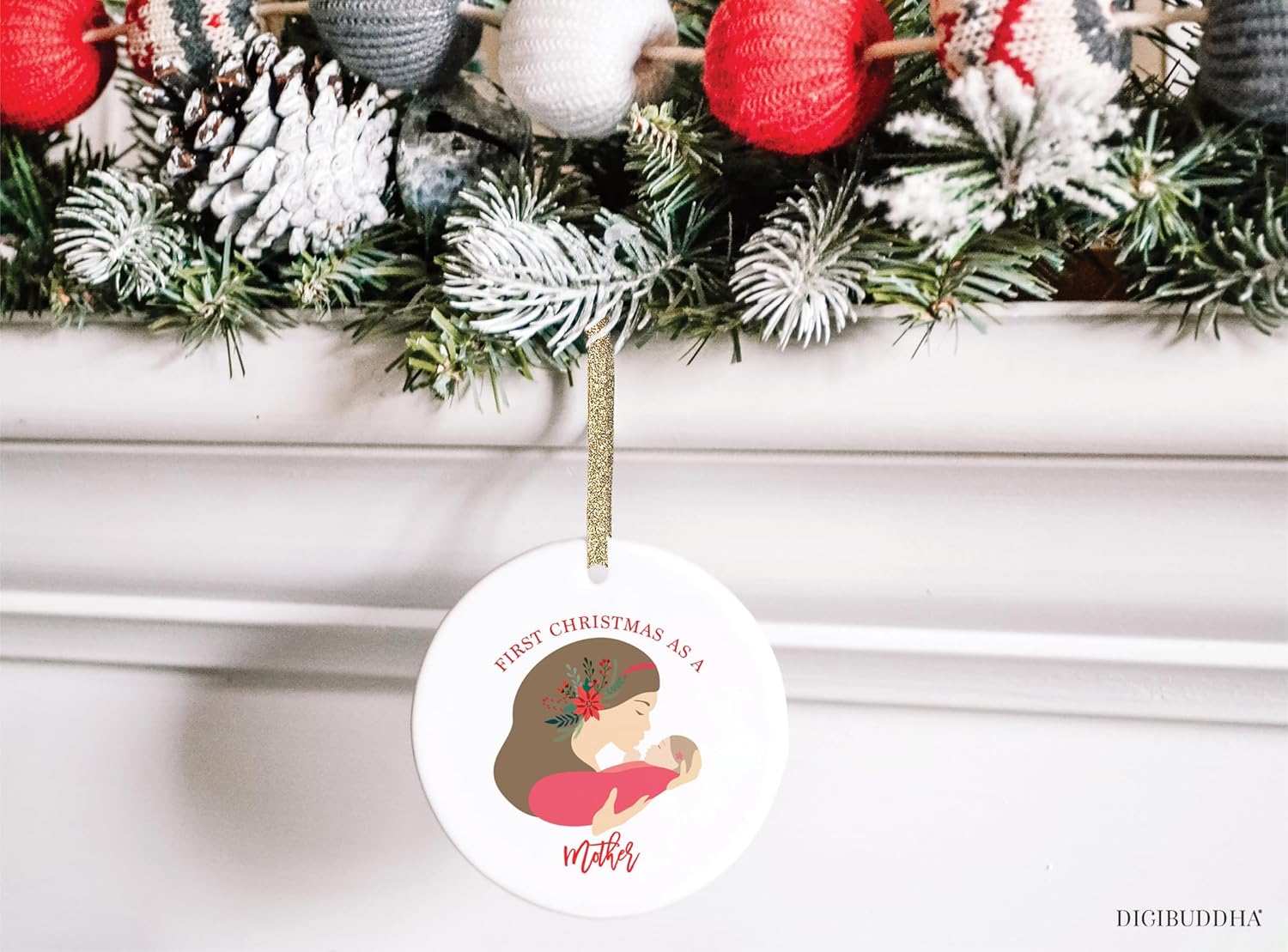 DIGIBUDDHA First Christmas as a Mother Ornament Gift Beautiful Porcelain Family Keepsake Present to New Mommy Daughter Mom of Newborn Girl Child 3″