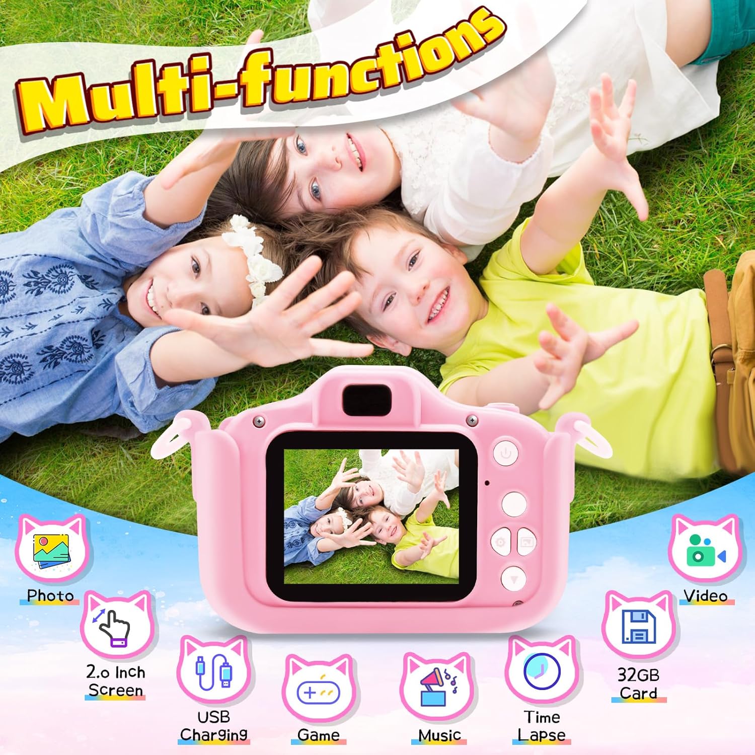 Pistroy Cámara para niños, juguetes de cámara para niños, 2 fundas protectoras de silicona para cámara digital HD, regalos de cumpleaños para niños