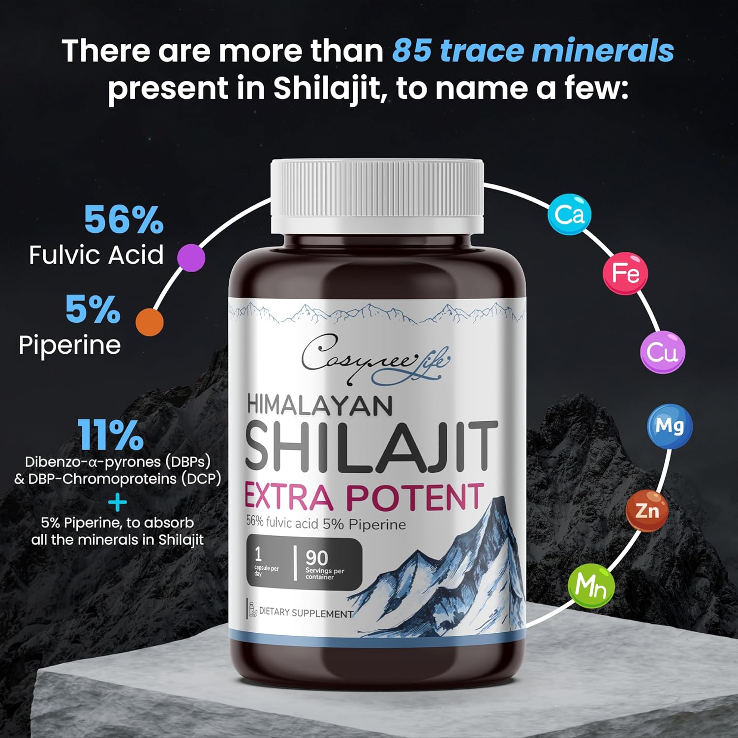 SHILAJIT – Himalaya puro, natural, orgánico, 90 unidades, 5% piperina, 56% ácido FULVIC para máxima potencia, más de 85 oligominerales, metabolismo,