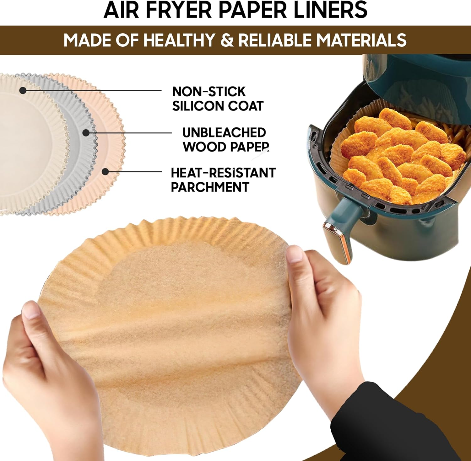 Forros de papel desechables para freidora de aire, 125 unidades, forros redondos de papel pergamino de 6.3 pulgadas, antiadherentes, sin blanquear,