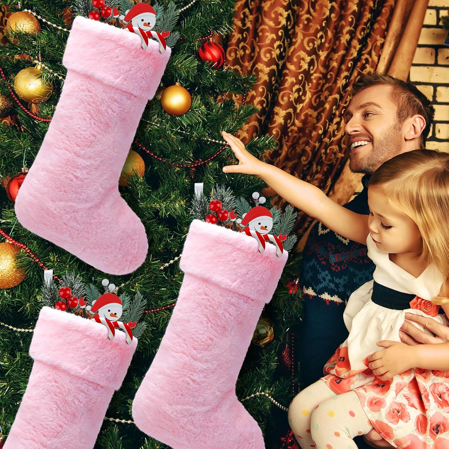 JOVITEC Medias de Navidad de piel sintética de 20 pulgadas, calcetín de nieve para colgar en la chimenea para decoración de vacaciones (rosa, 4