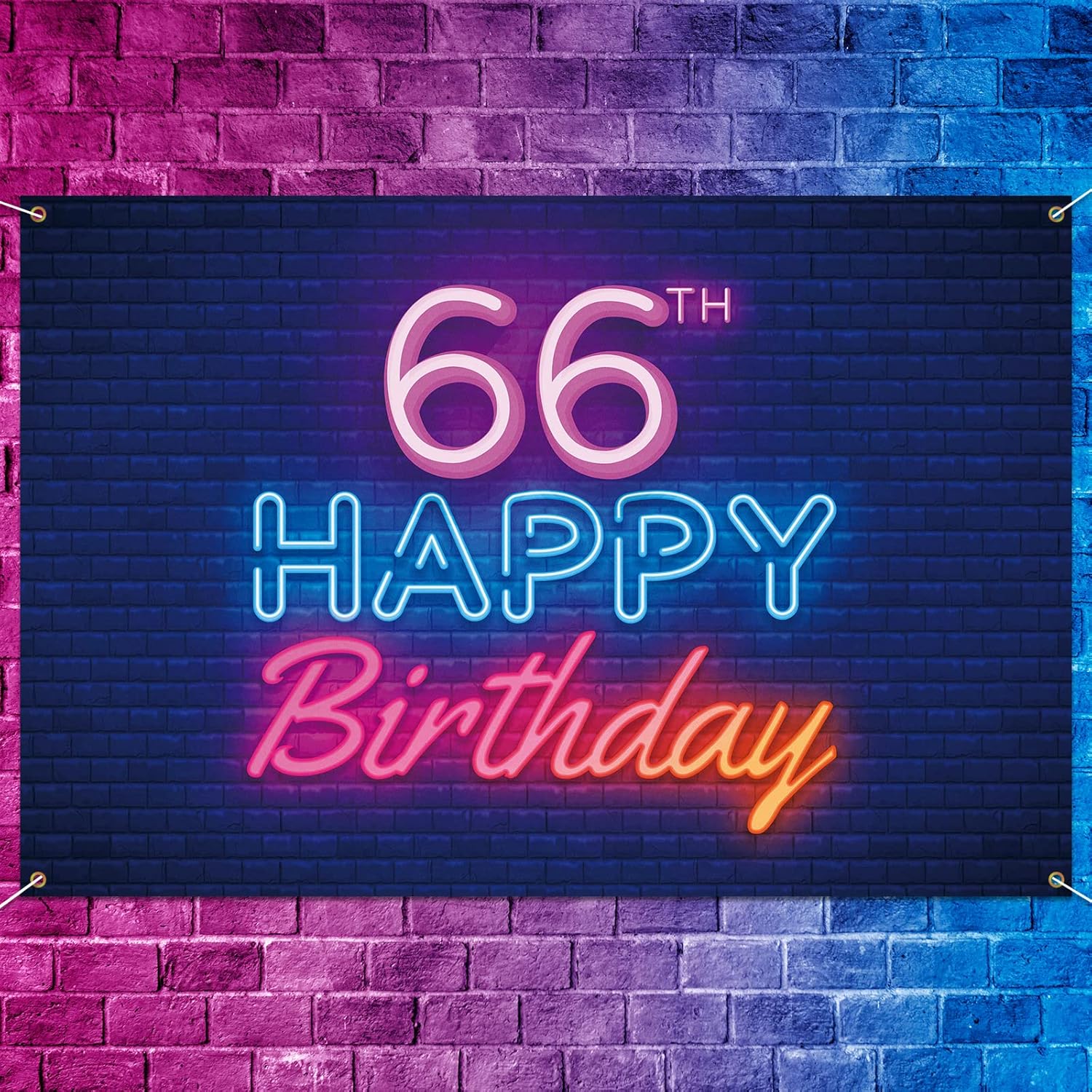 Cartel de fondo de neón brillante con texto en inglés “Happy 66th Birthday”, decoración temática de fiesta de cumpleaños de 66 años para hombres y