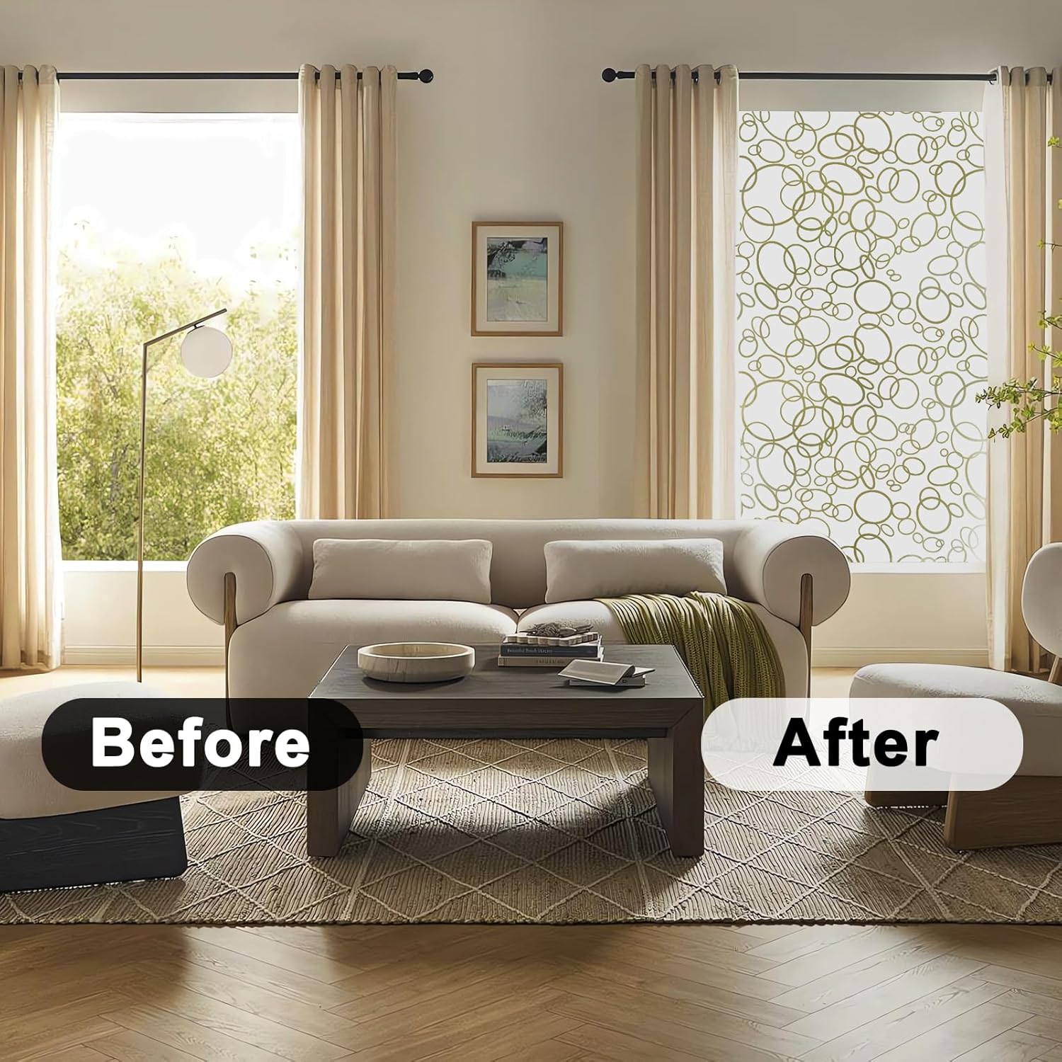 Ohmywor Película decorativa de privacidad para ventana, patrones circulares impresos con control de calor, bloqueo solar, anti UV, película