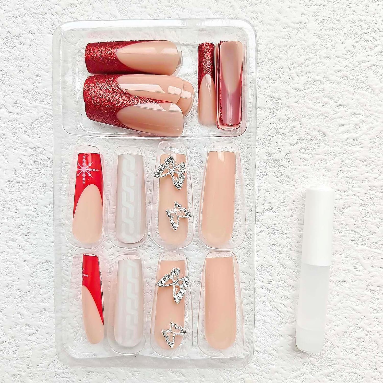 RTKHFZE Uñas postizas largas a presión, uñas postizas de ataúd, uñas postizas de cobertura completa con diseños de mariposas y copos de nieve, uñas
