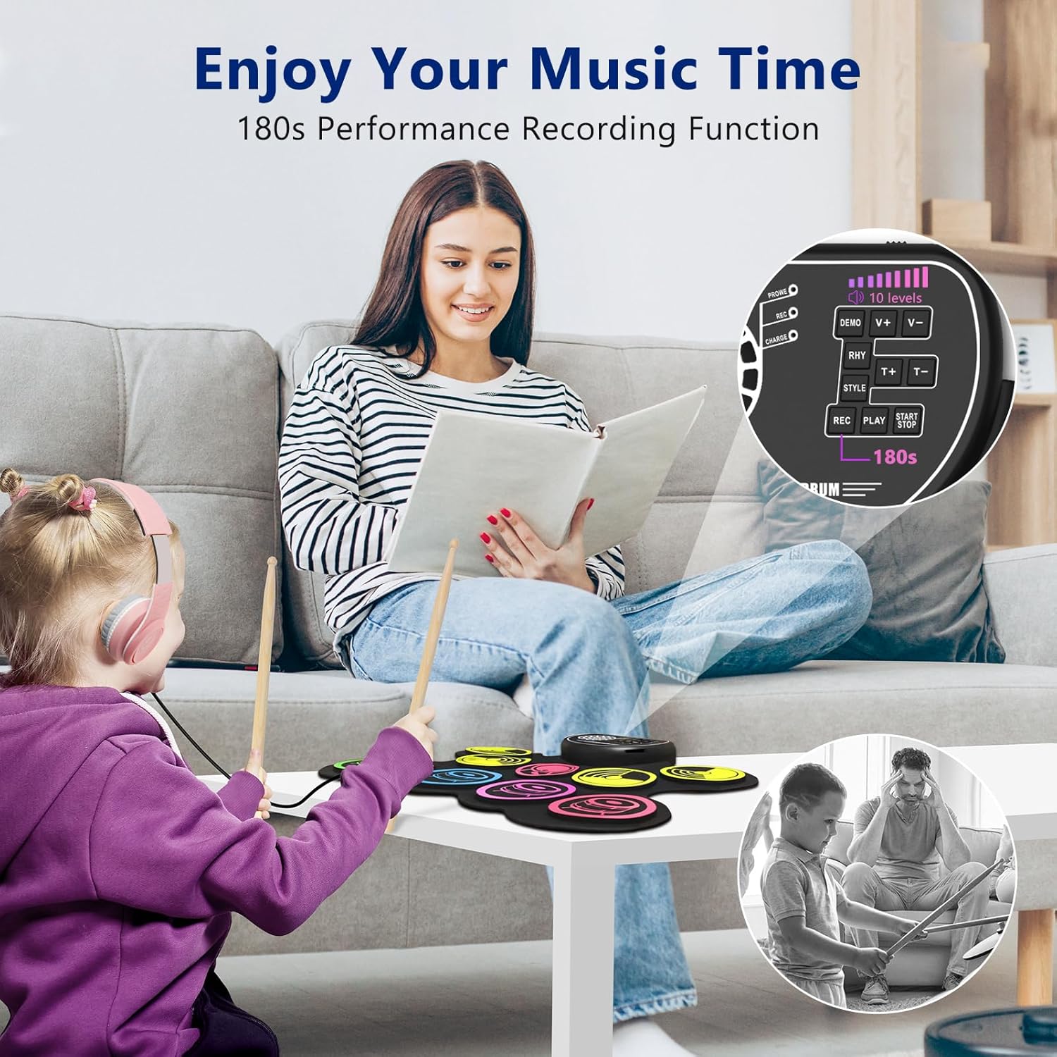 Juego de batería electrónica, 10 almohadillas enrollables, kit de batería de práctica con conector para auriculares, altavoces integrados, pedales