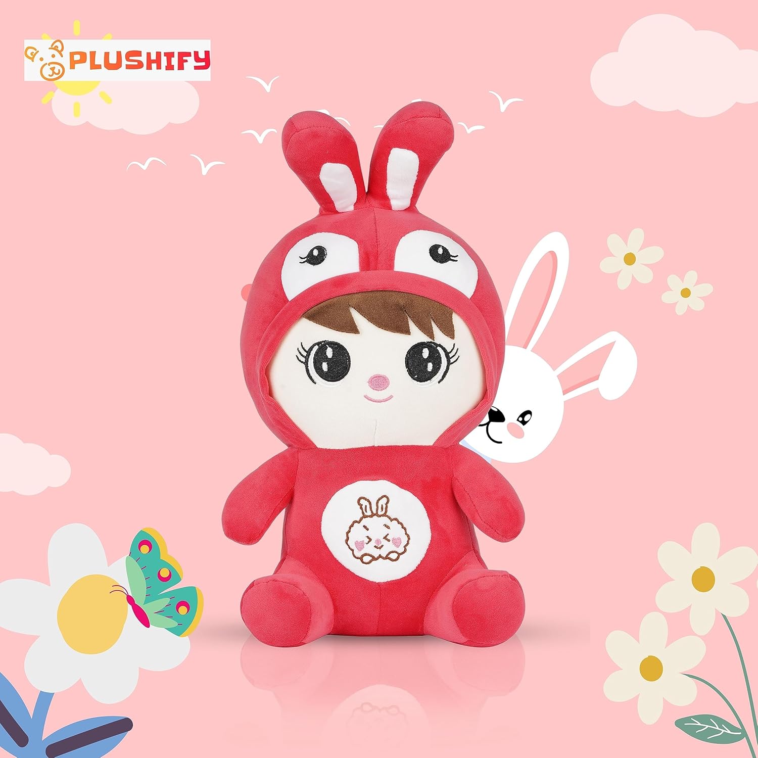 PLUSHIFY Juguete de peluche de color rojo de conejito de 16 pulgadas, adorable y abrazable para todas las edades