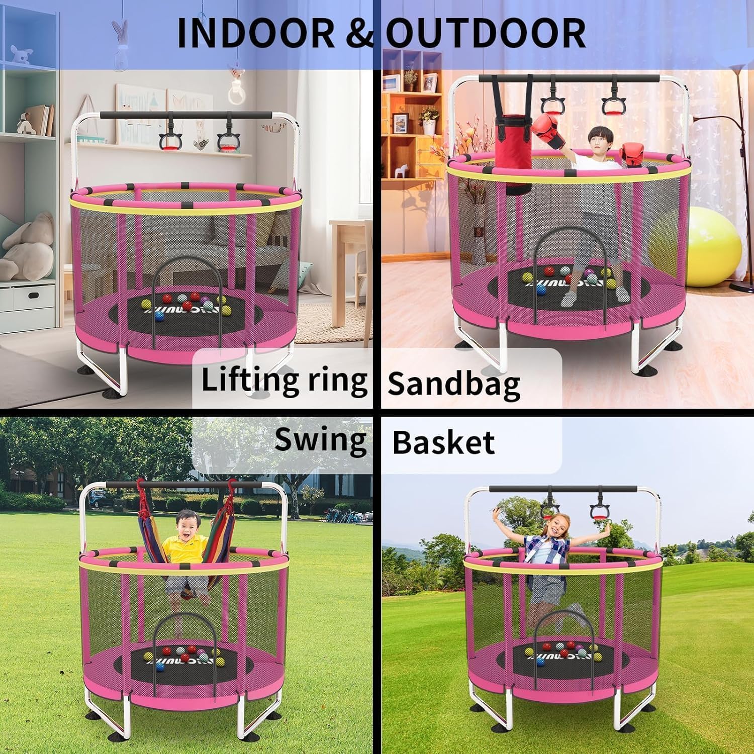 Trampolín para niños, cama elástica ajustable para bebés con aro de baloncesto, 440 libras para interiores y exteriores, trampolín para niños